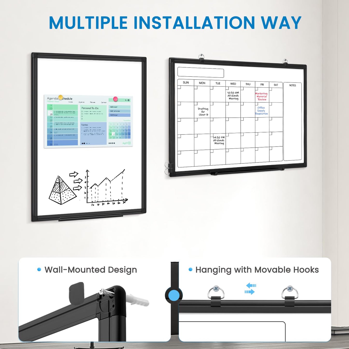 Monthly Calendar Dry Erase Whiteboard, 24" x 18" Magnetic Calendar White Board, Double-Sided Portable Board with Black Aluminium Frame for Office, Kitchen, School, Home