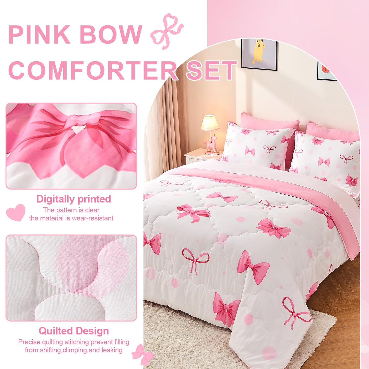 Wajade 7 Piece Pink Bow Bedding Set for Girls Kids Twin Size Comforter Set with Sheet and 2 Pillowcases 2 Pillow Shams Cute Girls Bed in a Bag as Birthday Choice