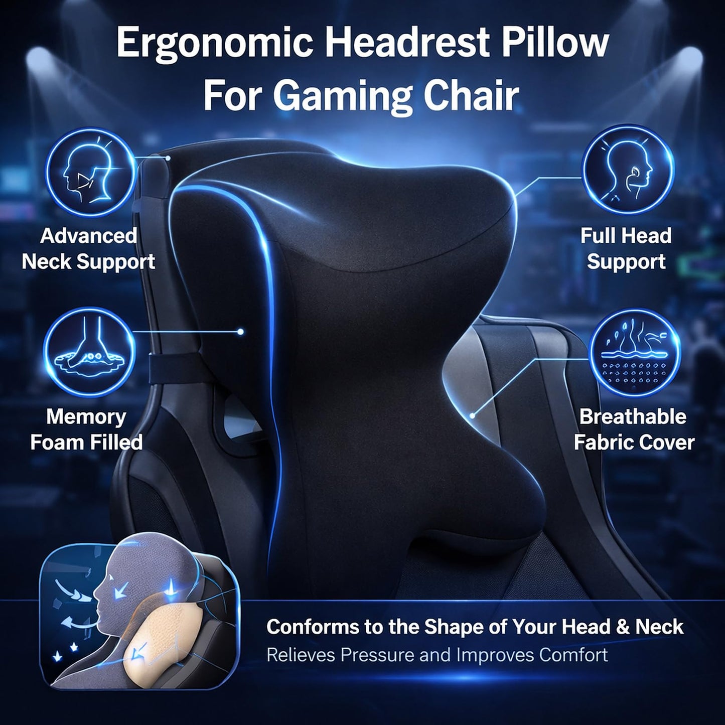 Newsty Car Neck Pillow for Driving Seat Car headrest Pillow/Gaming Chair Pillow with Adjustable Strap Removable Cover Ergonomic Design Neck Support Pillow for auto, Office Chair, Gaming Chair(Black)