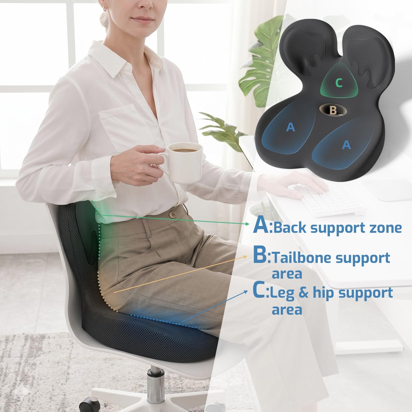 ECONVCE Memory Foam Seat Cushion,Orthopedic Ergonomic Seat Cushions for Tailbone,Sciatica, and Back Pressure Relief,L-Shaped Design & Adjustable Strap,Lumbar Support Pillow for Office,Car,Desk Chair