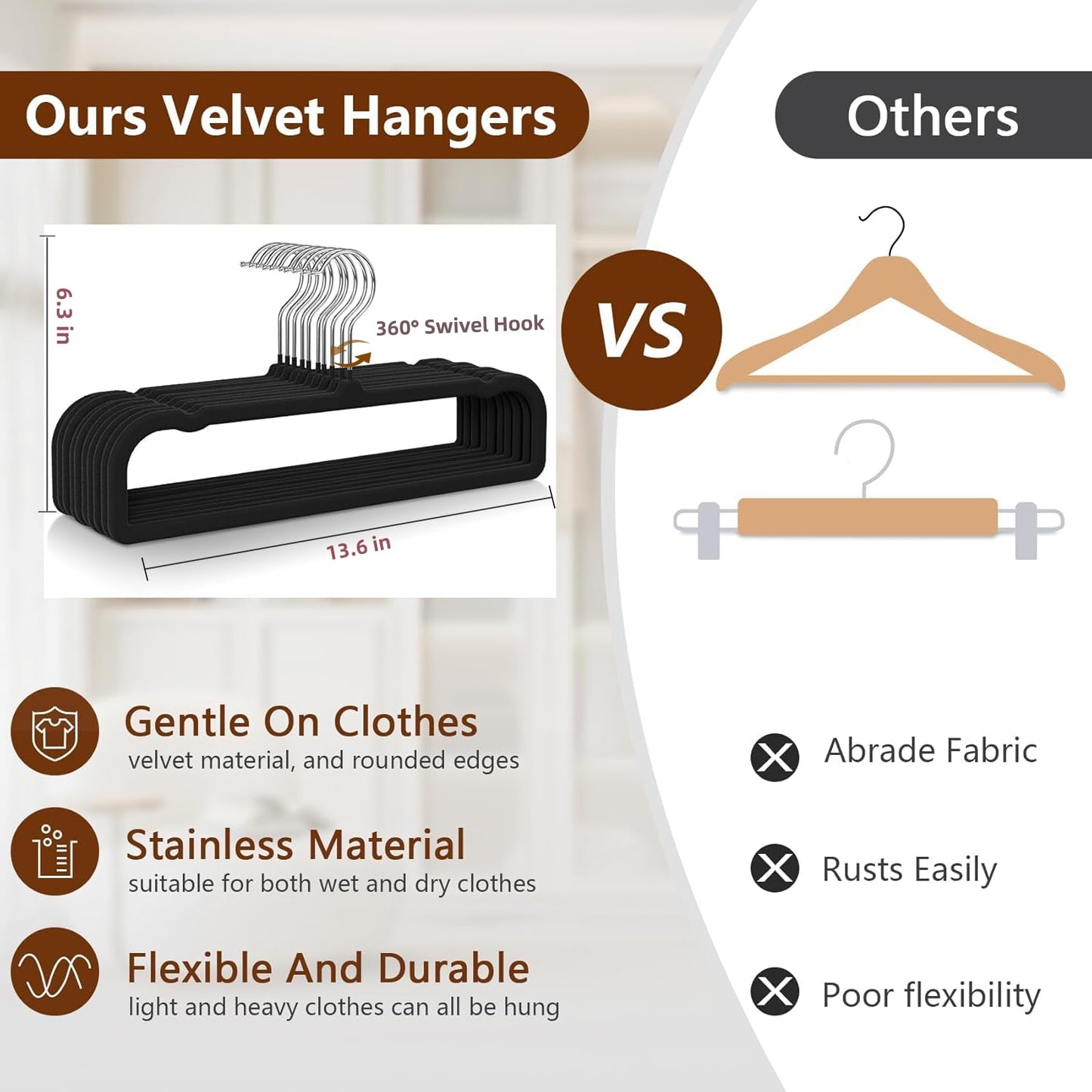 50 Pack Black Velvet Hangers Non Slip, Felt Pants Hangers Thin Space Saving Clothes Hanger Flocked Strong Durable Ganchos para Colgar Ropa with 360°Swivel Hook for Pants Jeans Shorts Skirts Tank Top