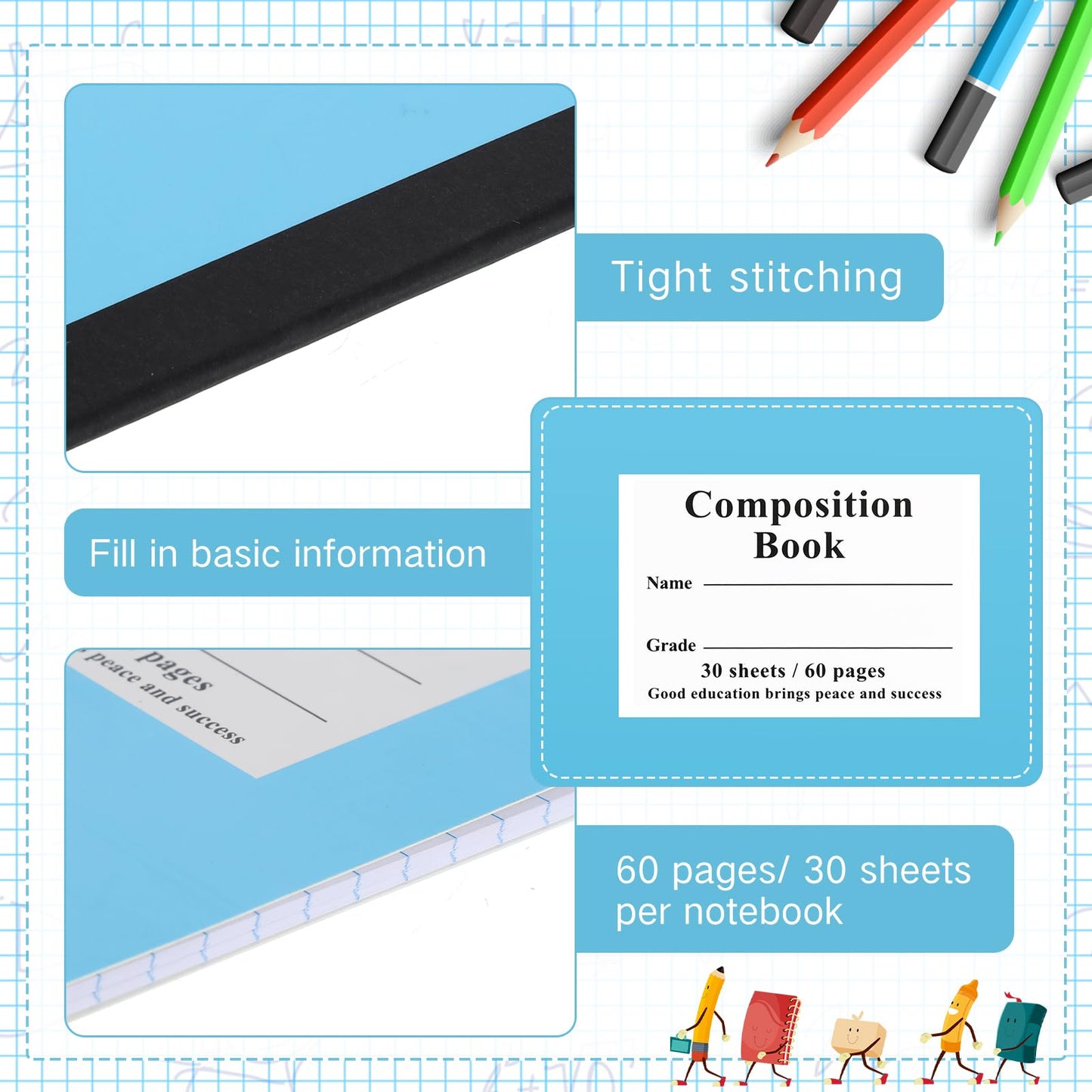 Janlaugh Composition Notebooks Bulk Wide Ruled Lined, 8.5 x 5.5 Inch, 30 Sheets/60 Pages, Back to School Supplies, First Day of School Notebooks for Teacher Student Office Supplies(50 Pack)