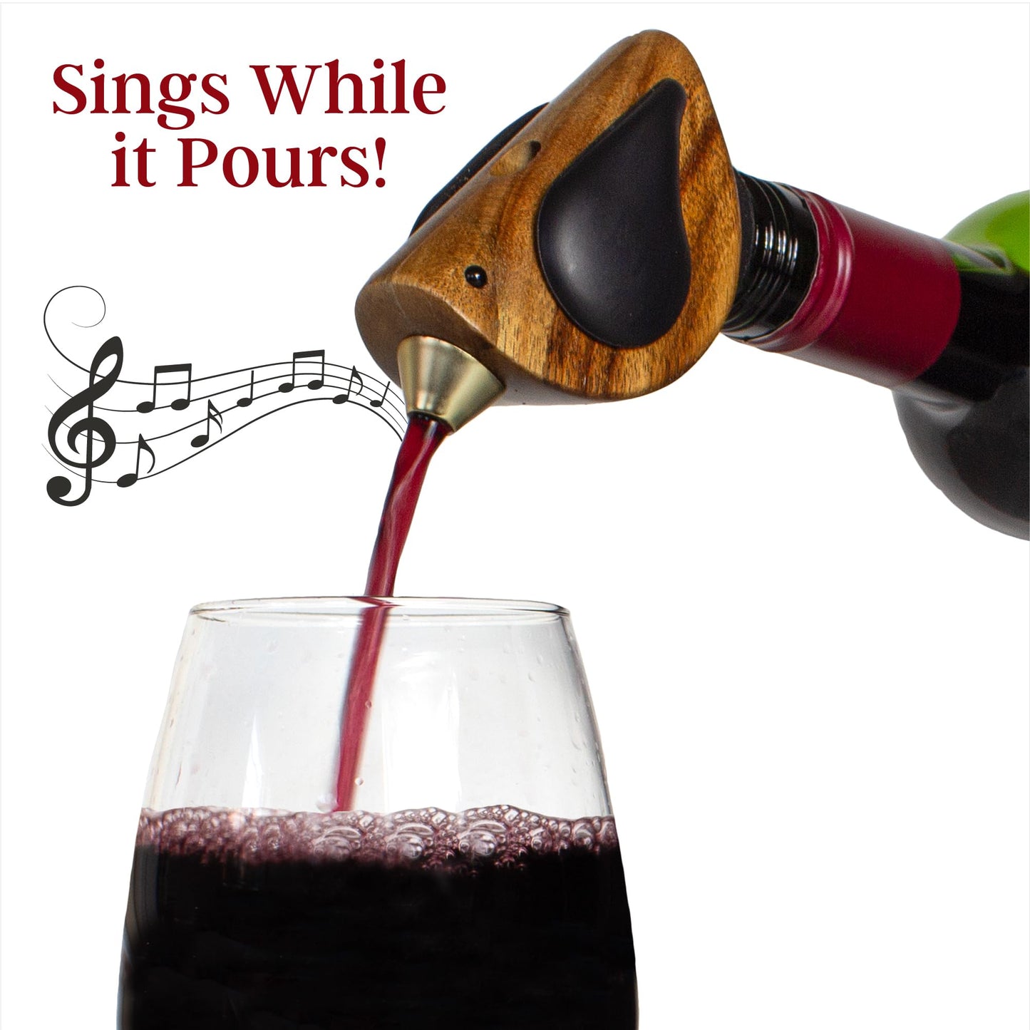 Songbird Specialties Wine Bottle Pourer, Fun Wine Pourer Spout Sings While It Pours, Airtight Wine Bottle Sealer, Acacia Wood with Turquoise Wings