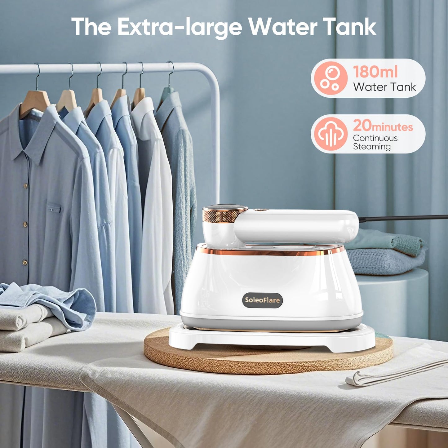 SoleoFlare Steamer for Clothes & Iron 2in1, 1200W Travel Steam Iron, 5 Modes LCD, 180ml for 20 Min Steam, UL 141 Tests Passed, White, 120V