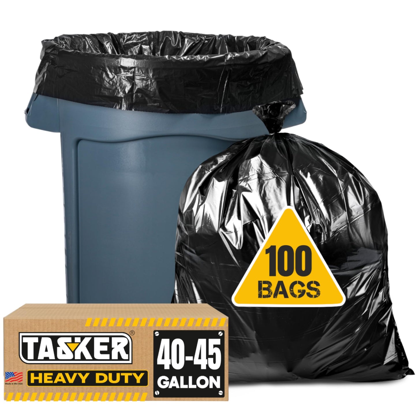 Tasker 45 Gallon Trash Bags, (Value-Pack 100 Bags w/Ties) Extra Large Black Garbage Bags - 39 Gallon - 40 Gallon - 42 Gallon - 44 Gallon - 45 Gallon Large Trash Bag Can Liners Capacity