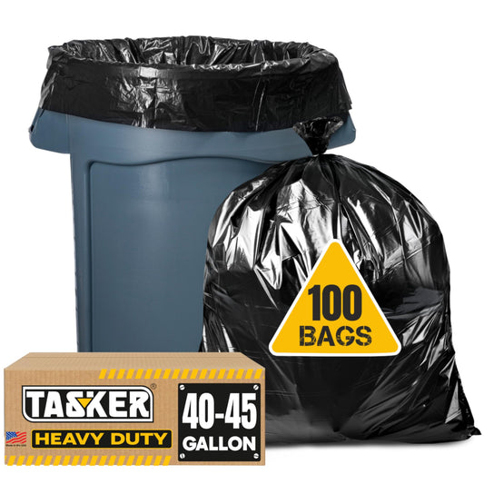 Tasker 45 Gallon Trash Bags, (Value-Pack 100 Bags w/Ties) Extra Large Black Garbage Bags - 39 Gallon - 40 Gallon - 42 Gallon - 44 Gallon - 45 Gallon Large Trash Bag Can Liners Capacity