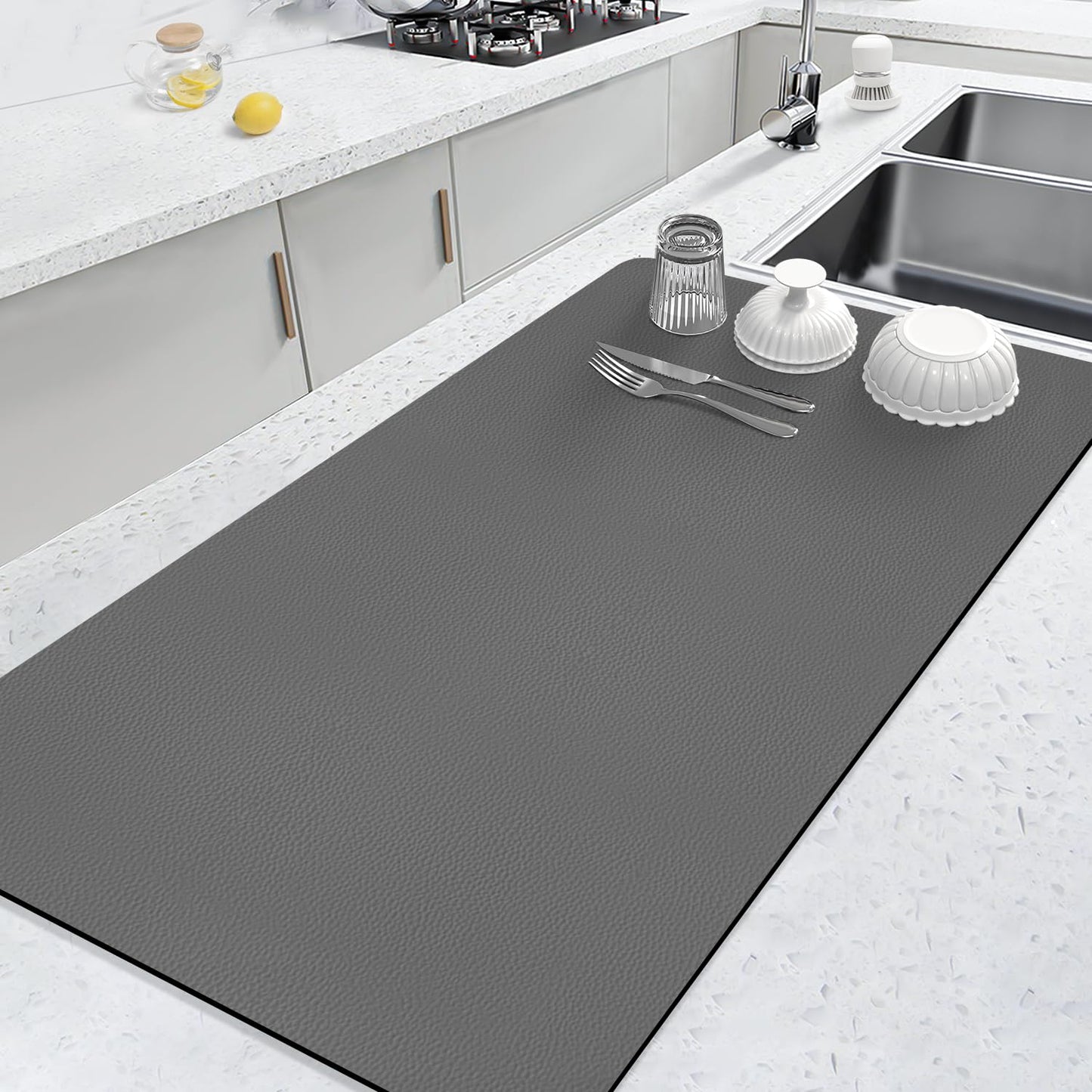 LOPNUR Kitchen Dish Drying Mat, 31.5"x17" Extra Large Dish Drying Mats for Kitchen Counter, Diatomite Coffee Mat, Super Absorbent Dish Drying Pad, Heat Resistant Mat with Anti-slip Rubber Backed, Grey