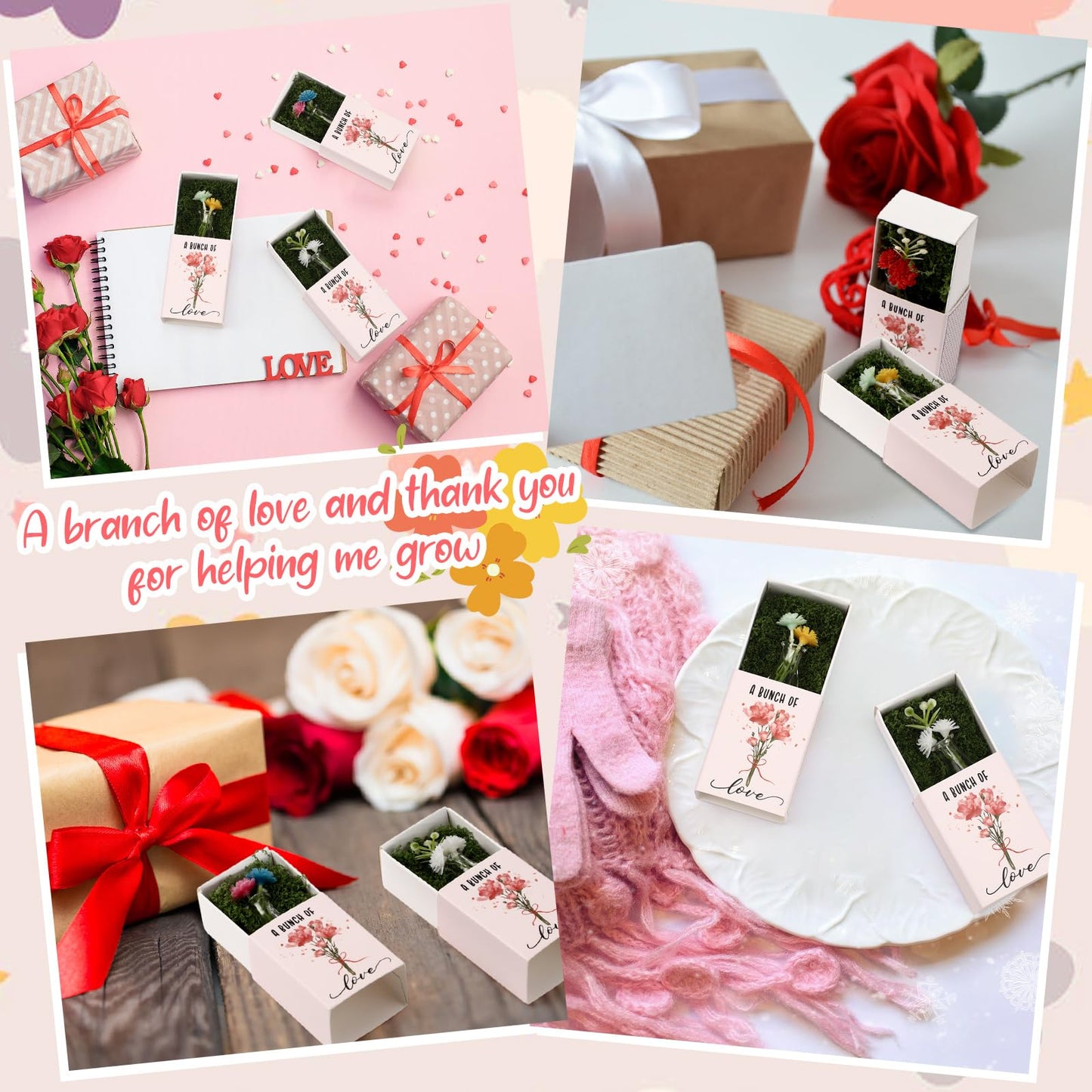 Wonderjune 50 Sets CNA Week Gifts Bulk for Women Positive Mini Flowers with Bud Vases Office Desk Decor Mini Box Breathing Thank You End of Year Graduation Favors for Coworker (Clear)