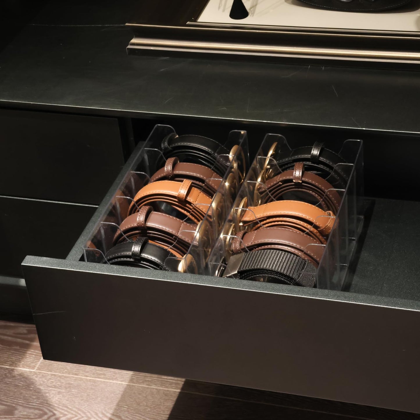Rusnugic Belt Organizer - 2 Pack Clear Stackable Belt holder For Closet Drawer Storage - 5 Compartments with Removable Dividers, Multi-Purpose Display Bins With Inserts For Ties,Socks,underwear (2)