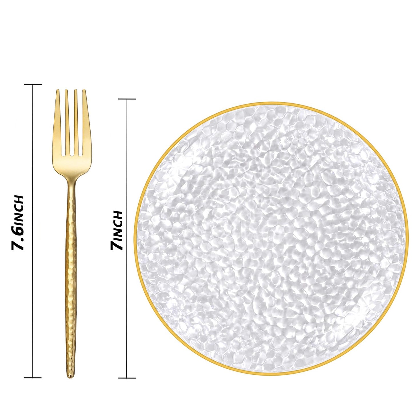 Rubtlamp 200 Pcs Clear Gold Dessert Plates 7" with Forks 7.6",Clear Plastic Hammered Platos, Dessert Plates Disposable, Heavy Duty Party Platos Include 100platos and 100forks for Party&Birthday