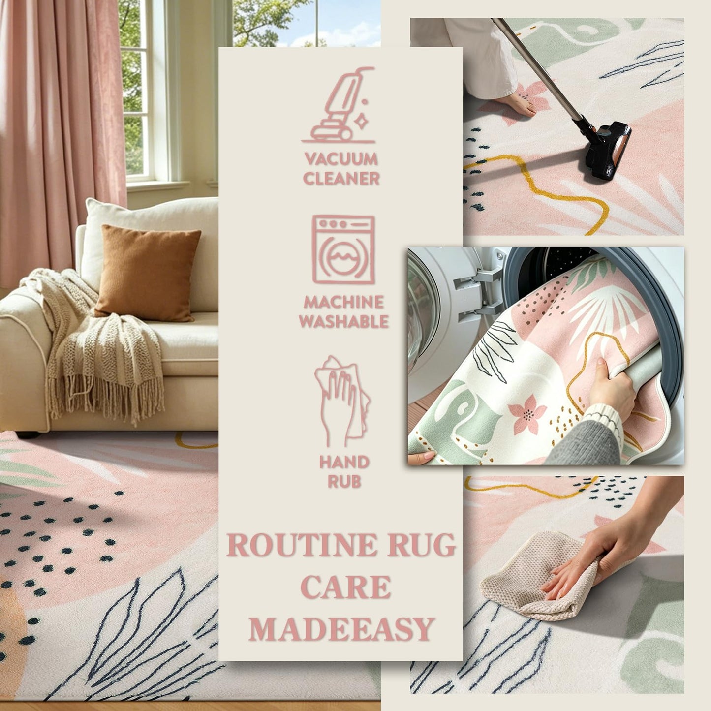 Lahome Pink Boho Bedroom Rug 5x7, Washable Non Slip Soft Botanical Area Rug for Cozy Nursery Living Room Apartment Decor