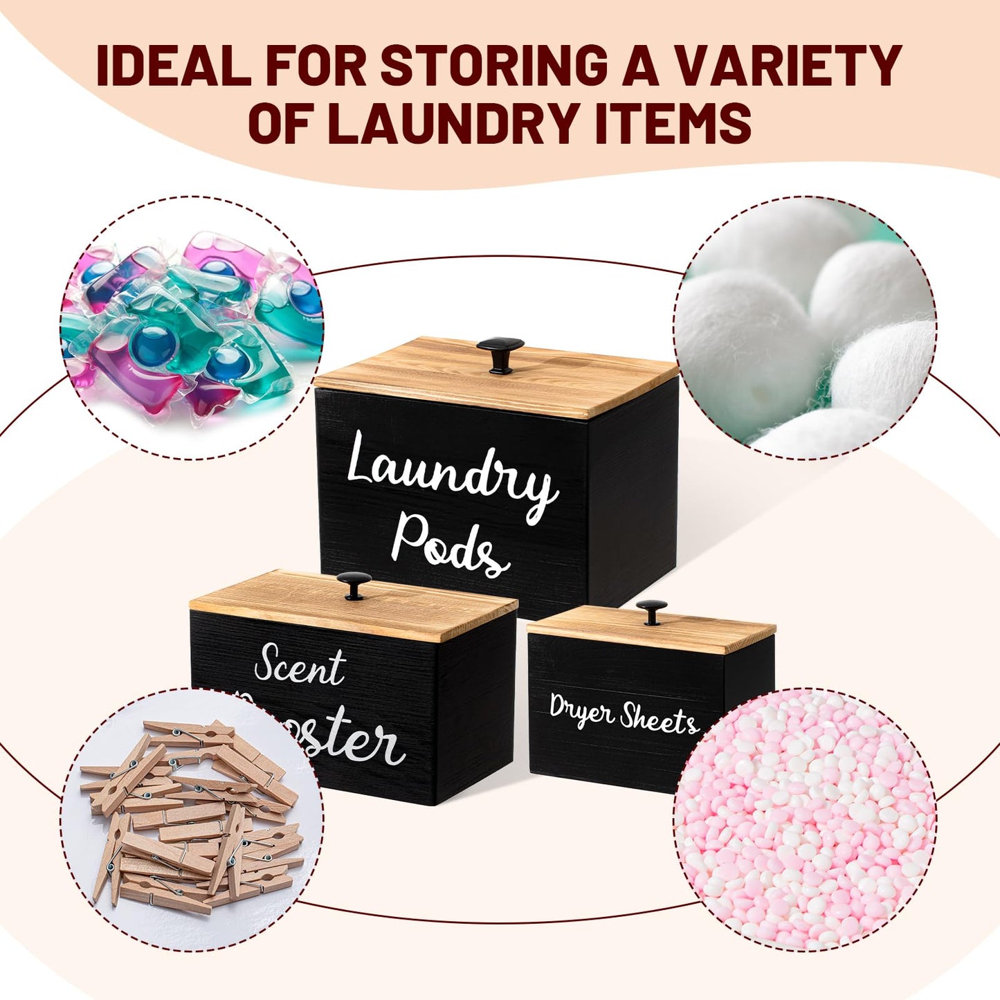 Dandat 3 Pcs Wood Laundry Pods Container Farmhouse Decoration Laundry Room Organization and Storage, Rustic Dryer Sheet Holder Scent Booster Container Set with Scoop(Black)