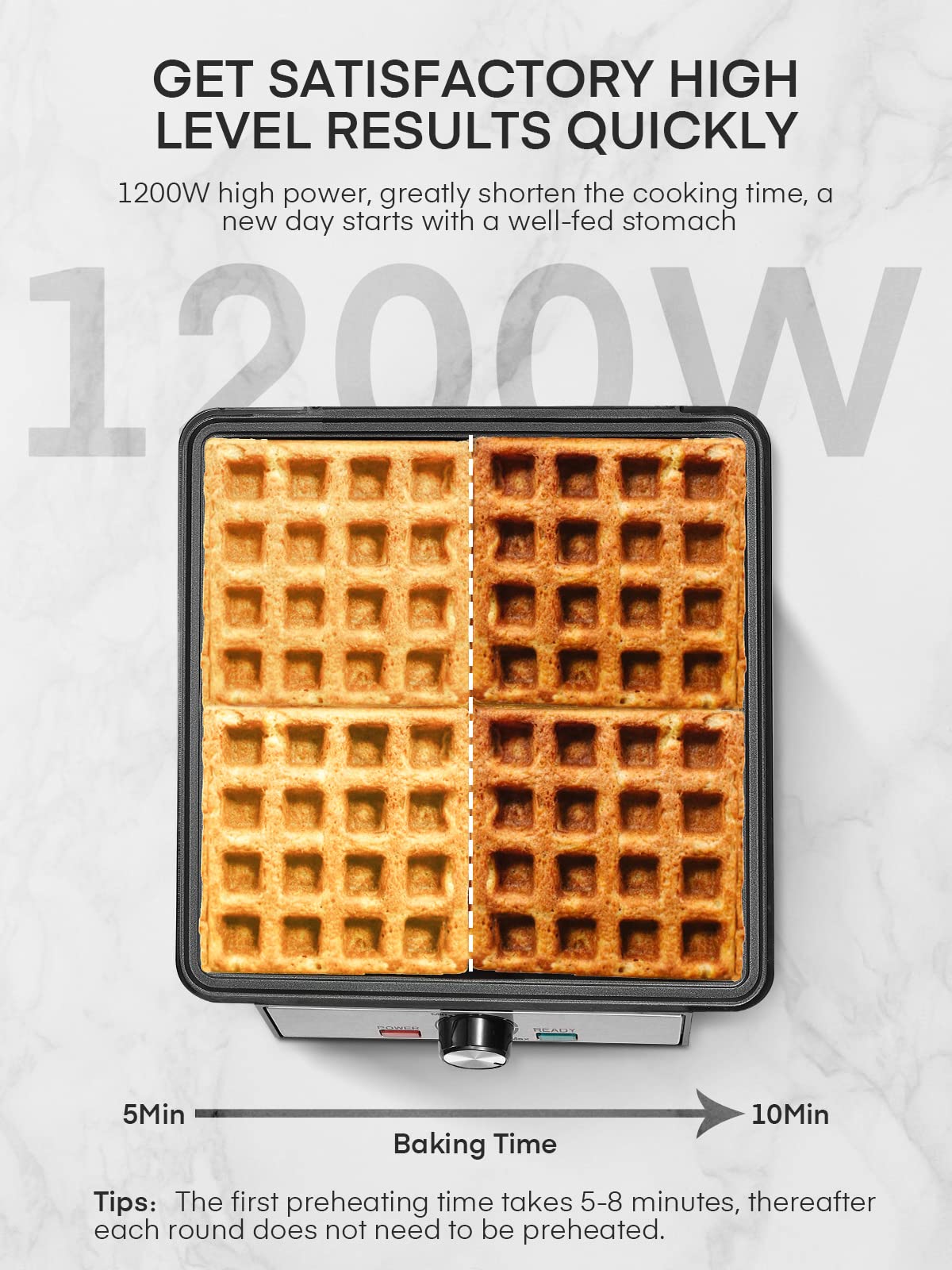 1200W Belgian Waffle Maker 4-Slice, Stainless Steel, 5 Browning Levels, Non-Stick Surfaces, Silver/Black, FOHERE - Perfect for Family Breakfasts (Black)