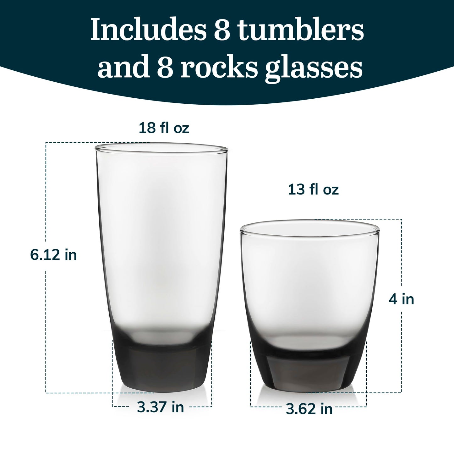 Libbey Classic Rocks and Tumbler Glass Cups Set, Elegant Mixed Drink Glasses Set with Modern Clean Lines, Dishwasher Safe Drinkware Set of 16
