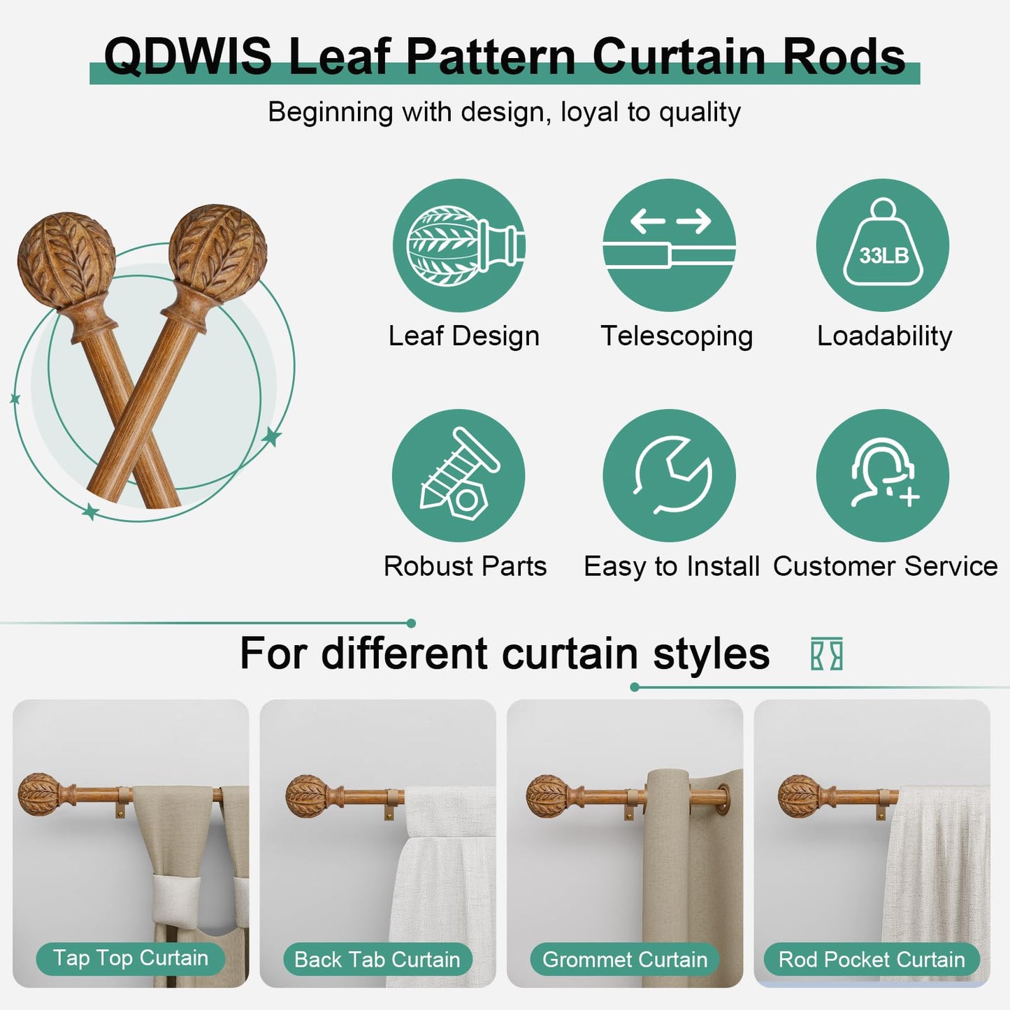 QDWIS Boho Wood Curtain Rods for Windows 66 to 120 inch,1" Adjustable Heavy Duty Window Curtain Rod with Imitation Wood Grain Finials,Rustic Decorative Drapery Rods Set,Size:36-120'',Natural Wood