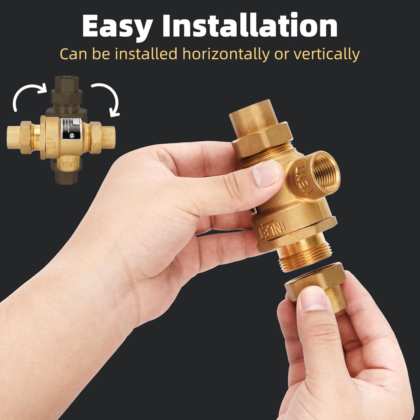 1/2" 9D-M3 Backflow Preventer Brass Dual Check Valve with Intermediate Atmospheric Vent,1/2 Inch,Female Union Inlet and Outlet,190T012,Replacement for Watts