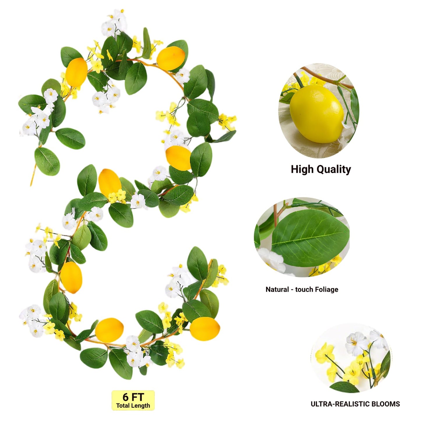 CHOUYUHE 2PCS Artificial Lemon Garland (12Ft Total), Faux Fruit Vine with Greenery for Wedding Party, Wall Mantle Table Decor, Spring Summer Kitchen Door Decoration