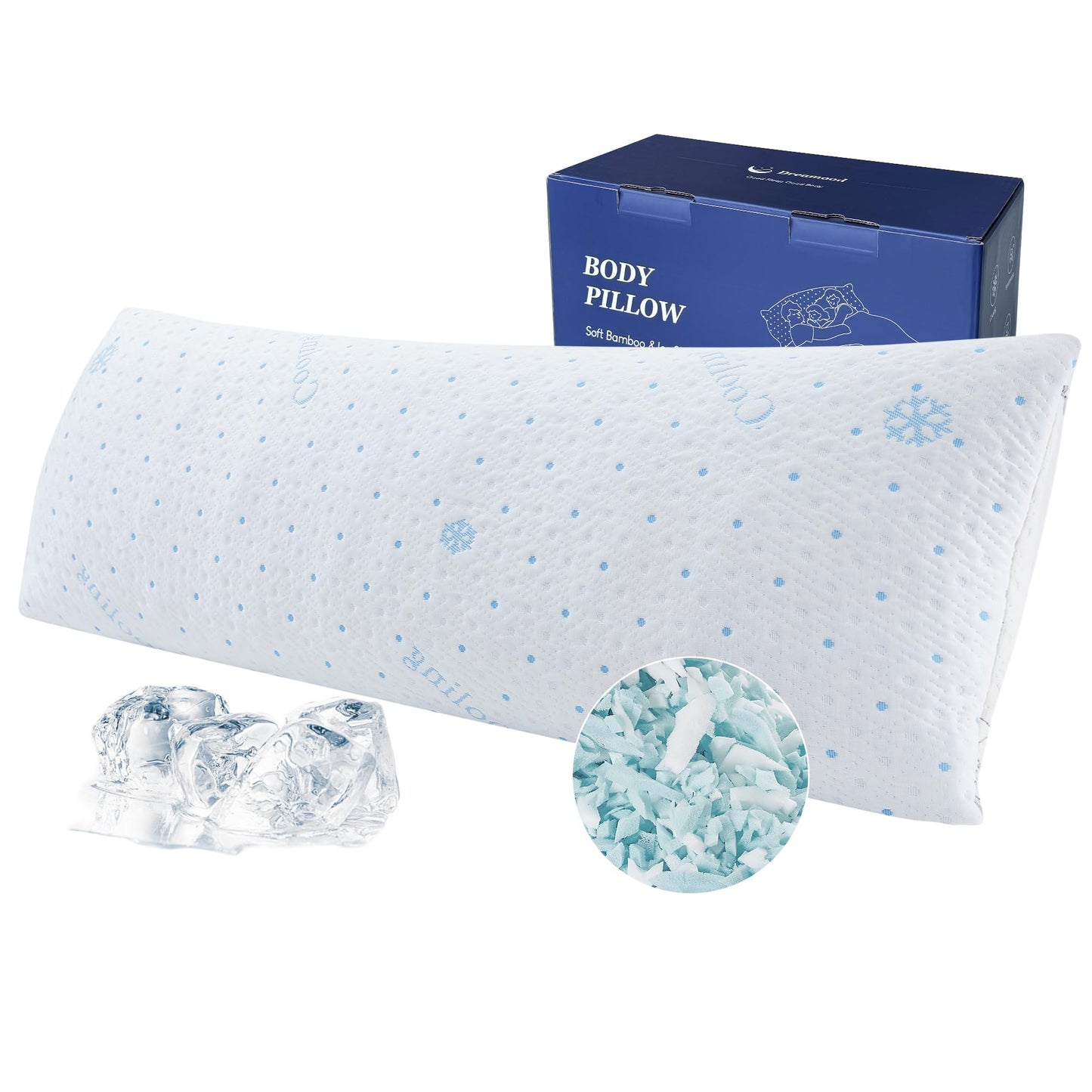 Dreamood Cooling Body Pillow with Pillowcase, Adjustable Shredded Memory Foam Pregnancy Long Full Bed Body Pillows for Adults Side Sleeper - with Washable Soft Cooling Double-Sided Cover, 20x54 inch