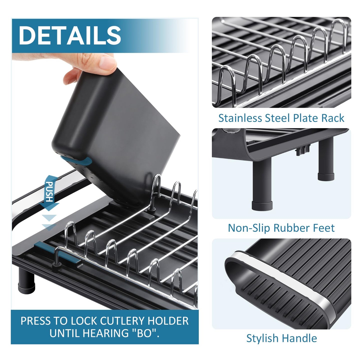 Small Dish Drying Rack, Mini Expandable Compact Dish Rack, Slim Extendable Stainless Steel Dish Drainer for Kitchen Plate Storage, Space Saving Dish Strainer in Sink or on Home Countertop, Black