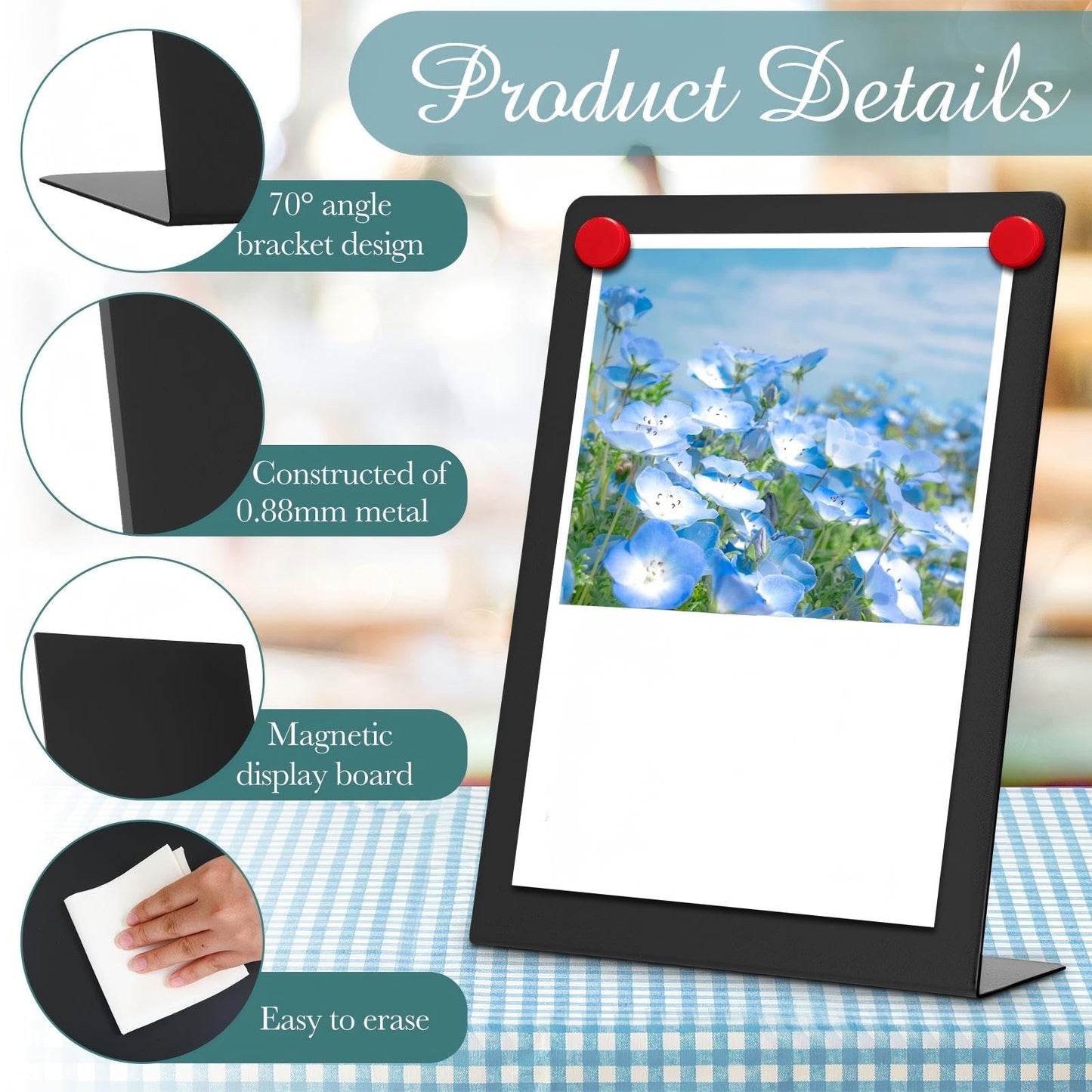 Fainne 4 Pcs Magnetic Bulletin Board with Easel Stand Mini Magnet Metal Tabletop Memo Display Board for Back to School Menu Table Office Supplies (Black,6 x 8 Inches)