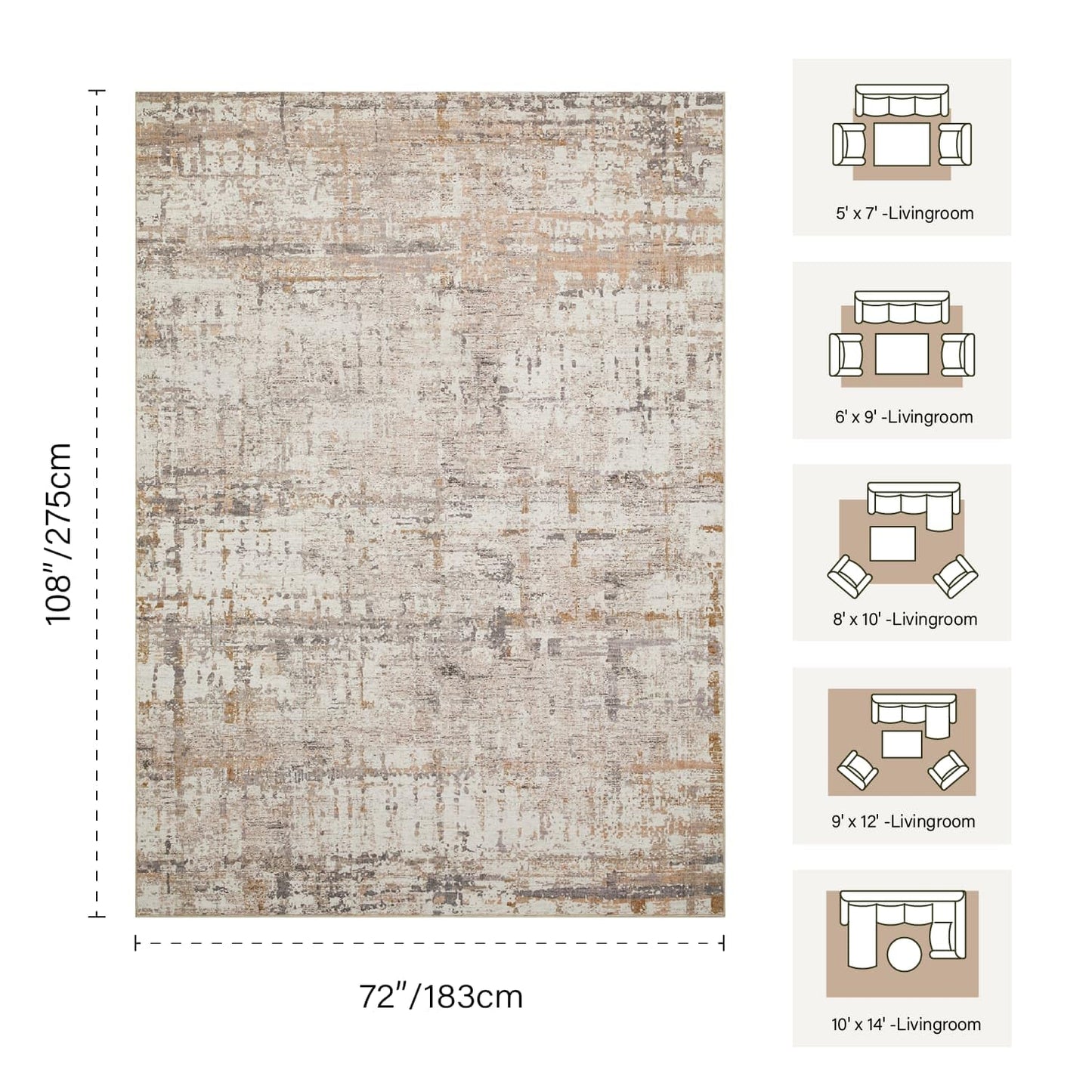 Rugxara 6x9 Washable Area Rug for Living Room, Modern Abstract Large Boho Rugs for Office, Dining Room, Kids Room, Farmhouse, Durable Low Pile Non Slip Carpet for High Traffic Areas, Beige Grey