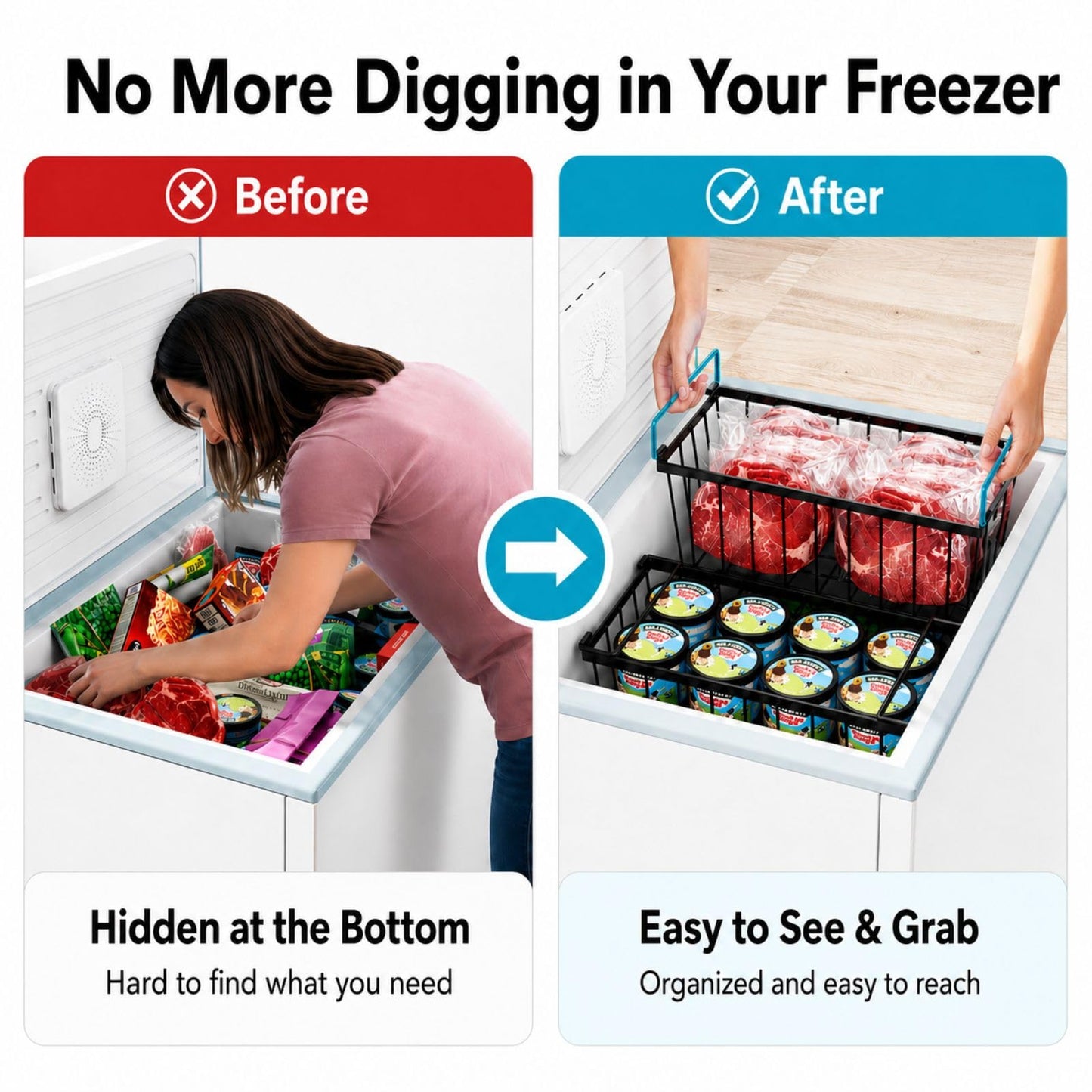 iSPECLE Chest Freezer Organizer Bins - Fits 7 Cu.Ft Deep Freezer, 6 Pack Stackable Wire Baskets(14.7" Length), Heavy Duty Coated Freezer Organizer, Rust Resistant for Frozen Food Sorting, Black