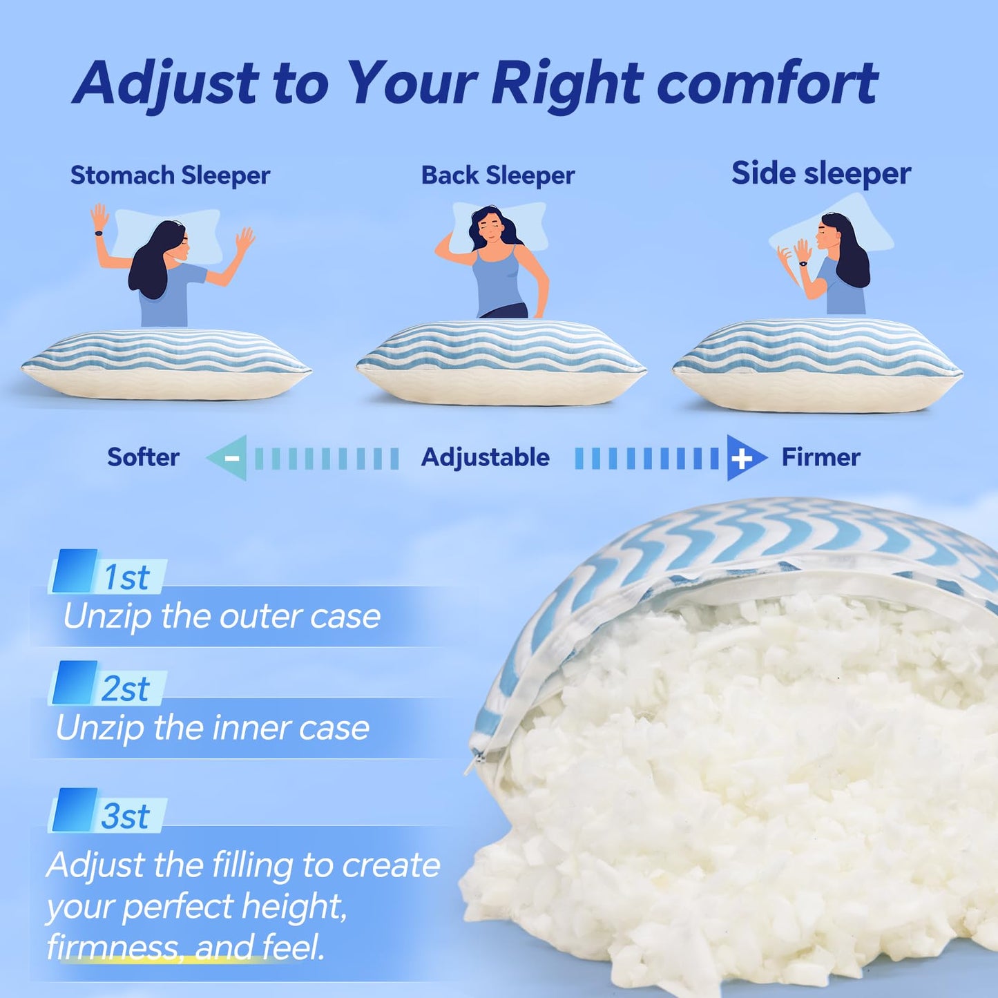SLEEPDIARY Pillows Queen Size Set of 2 – Adjustable Shredded Memory Foam Cooling Bed Pillows, Custom Loft for Side, Back, and Stomach Sleepers, Shape-Retaining Support & Washable Cover