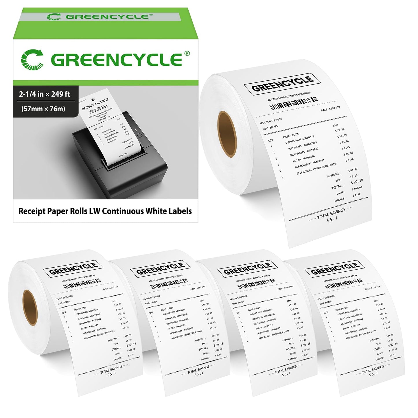 GREENCYCLE 5 Roll Compatible for Dymo 30270 2-1/4" x 250' Cash Register POS Receipt Paper Rolls LW Continuous White Labels Used for Zebra LabelWriter 450, 450 Turbo, 4XL, NOT FIT 550 & 5XL