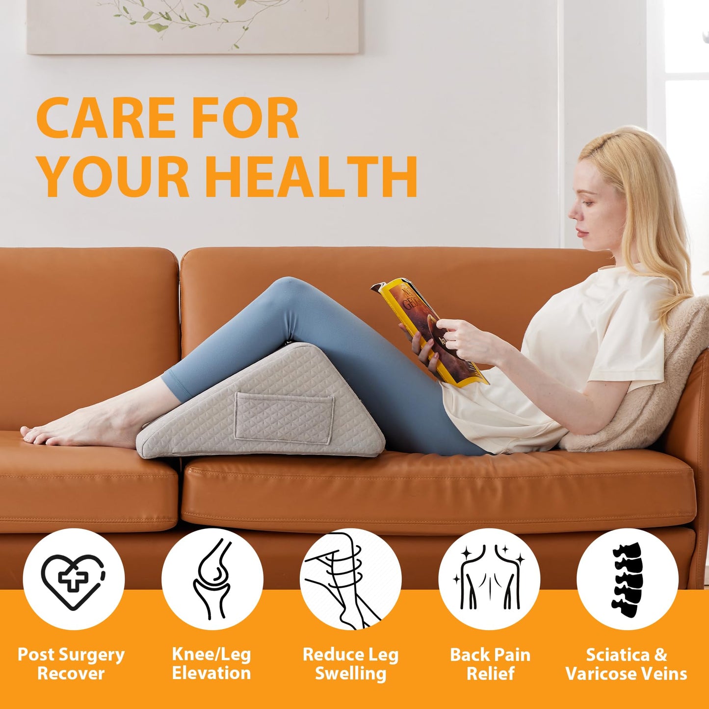 Ruqmuis Knee Pillow for Back Sleeping, 8” Knee Wedge Pillow to Elevate Knee, Leg Pillow for Back Pain Relief, Triangle Pillow, Leg Elevation Pillows for After Surgery, Blood Circulation, Grey