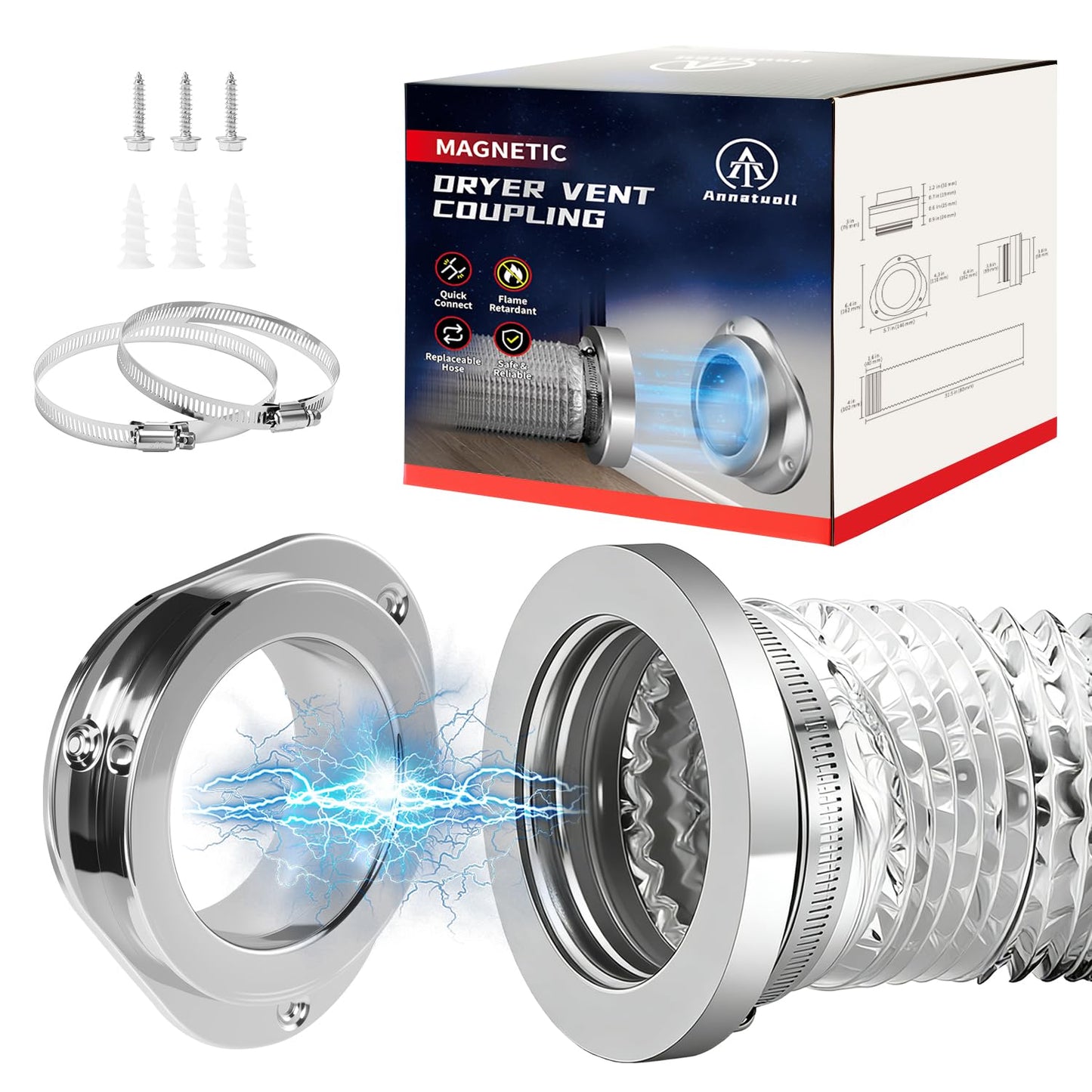 Anitonaia DV180 Magnetic Dryer Vent Coupling, Airtight Seal Magntic Drver Vent Connector Kit, Including 6-Ply Aluminum Dryer Hose and 2 Clamps, Easy to Clean Quick Connector