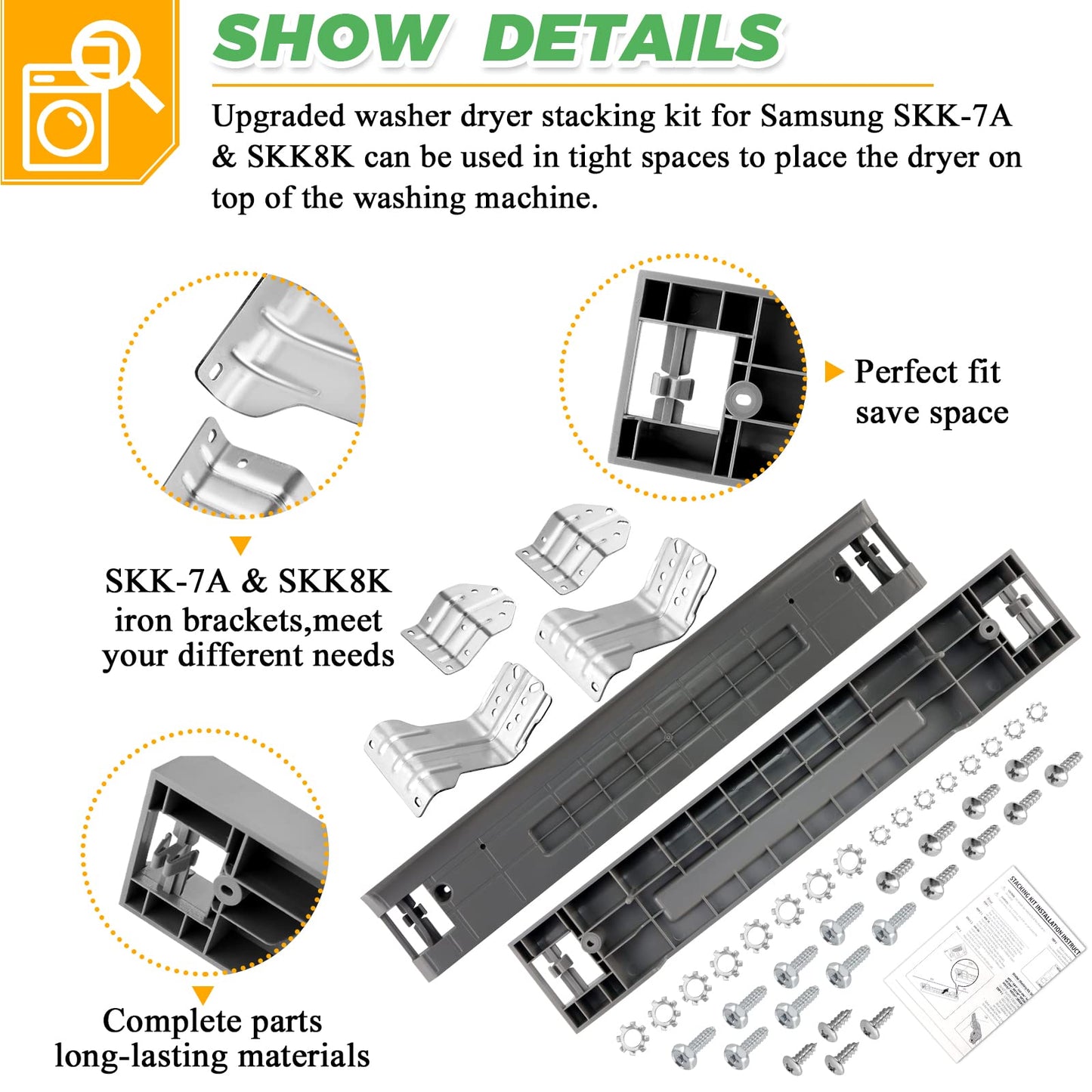 UPGRADED SKK-8K & SKK-7A Stacking Kit Fit for Samsung Washer & Dryer 27 Inch Front Load Laundry by Techecook - Samsung Stackable Washer Dryer Kit Including All Parts - Replace for SK-5A SK-5AXAA