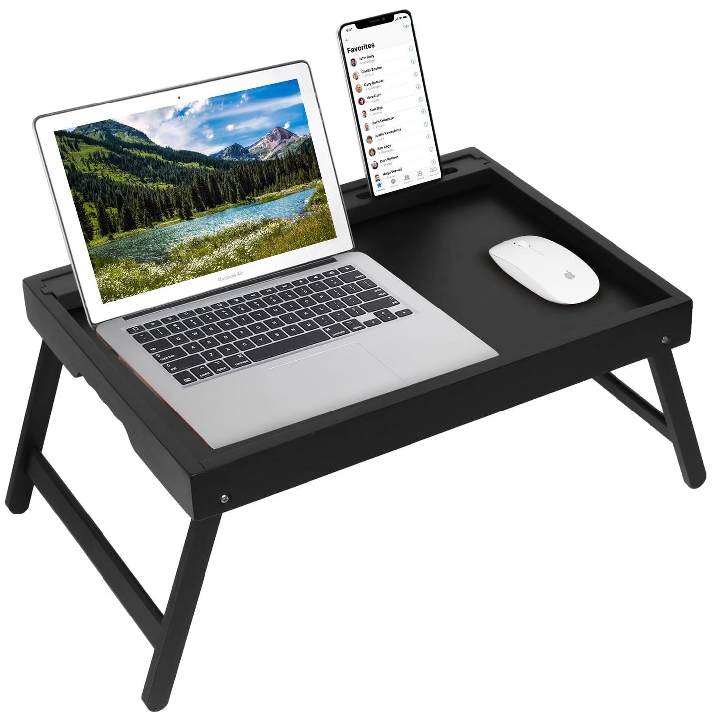 Artmeer Bed Tray Table with Folding Legs, Bamboo Breakfast Food Tray with Media Slot, Use As Platter, Laptop Desk, Snack, TV Tray Kitchen Serving Tray (Black Extra-Large Size)