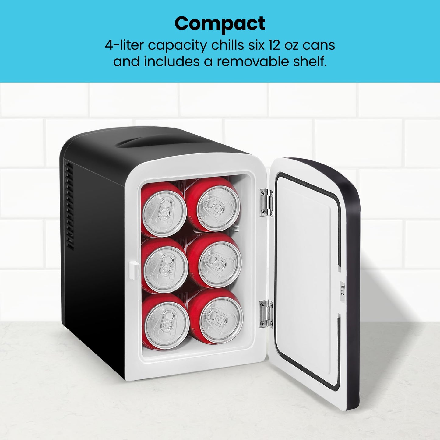 Chefman - Iceman Mini Portable Black Personal Fridge Cools Or Heats and Provides Compact Storage For Skincare, Snacks, Or 6 12oz Cans W/A Lightweight 4-liter Capacity To Take On The Go