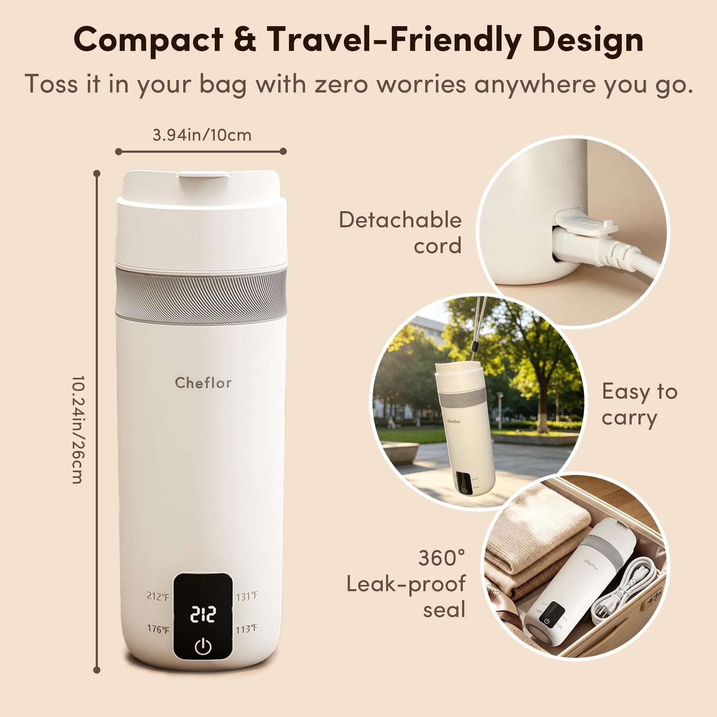 Cheflor Travel Kettle 450ml,Portable Electric Water Boiler with Direct Sip Spout,4 Temp Control LED Display for Tea Coffee Baby Formula, Stainless Steel Fast Boil Kettle for Hotel Dorm,BPA-Free