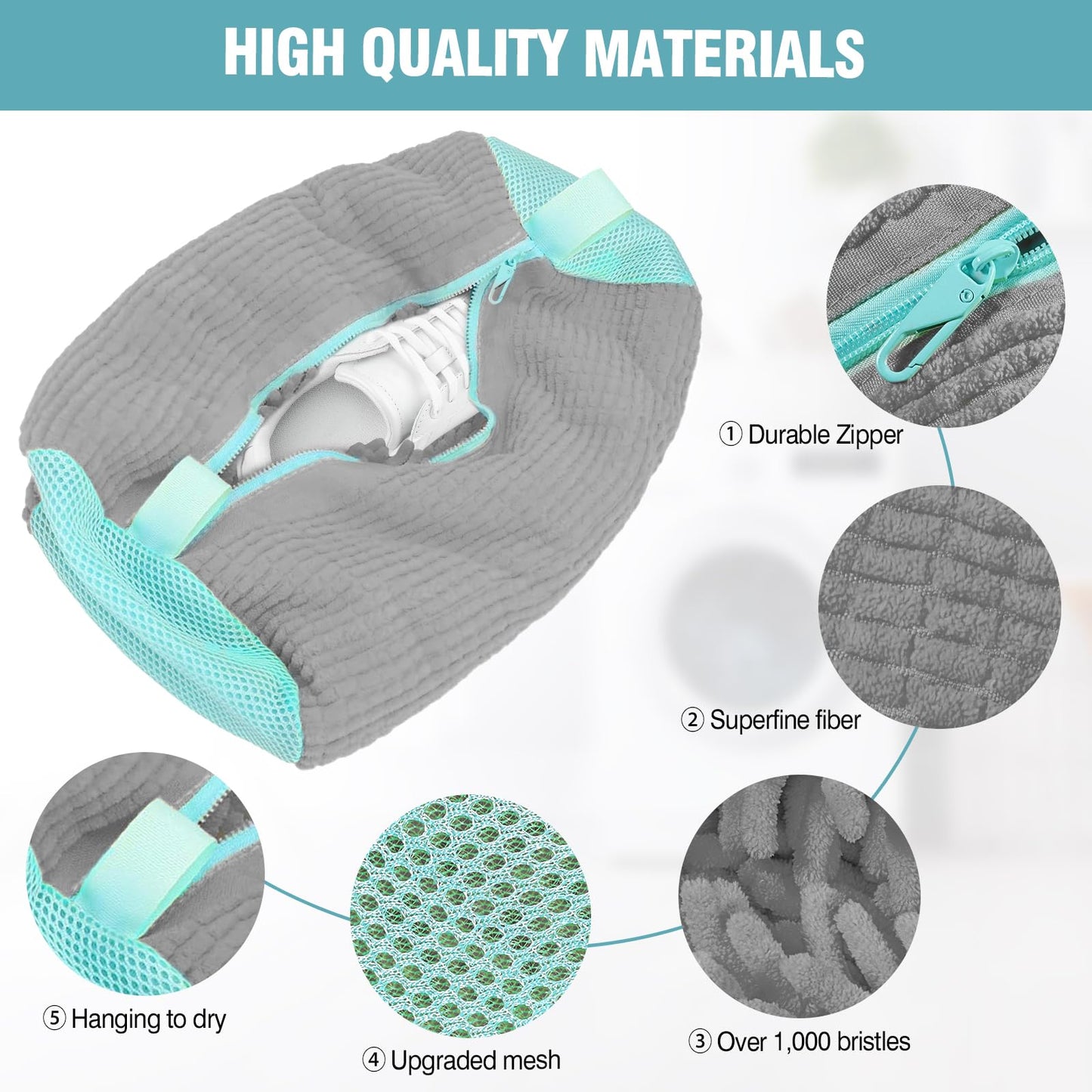 2 Pcs Shoe Washing Machine Bags with 4 Adjustable Shoe Trees, XXL Laundry Bags for Washer and Dryer, Sturdy Zipper with Hook Design, Reusable Cleaning Bag for Sneaker, Tennis (Gray)