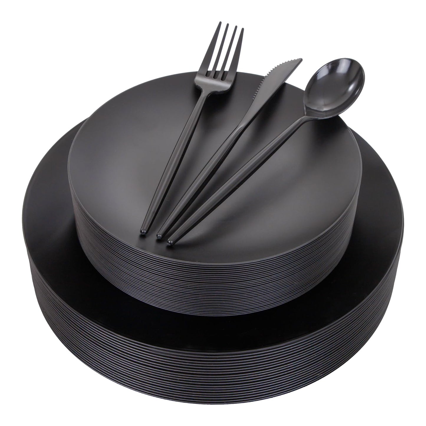 EI 150pcs Black Plastic Plates Frosted Plastic Plate,Premium Heavy Duty Black Plastic Plates,Black Disposable Plates with Plastic Silverware,10.25" Dinner Plates and 7.5" Dessert Plate Wedding Party