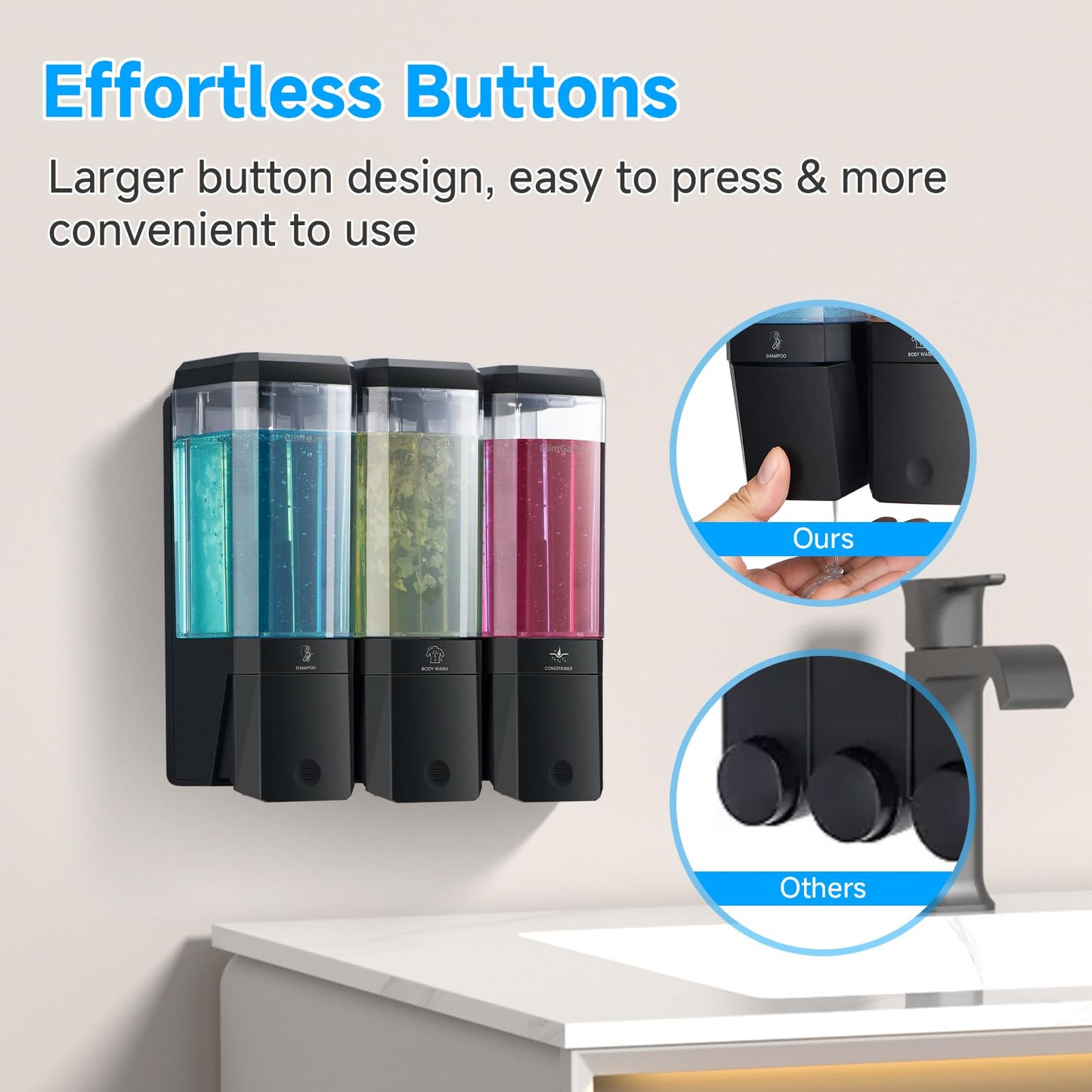 Shampoo and Conditioner Dispenser,GlintGath Shower Dispenser 3 Chamber No Drill Shampoo Dispenser for Shower Wall Mounted Shower Soap Dispenser for Bathroom Hotel,Large Capacity 3 * 500ML, Black