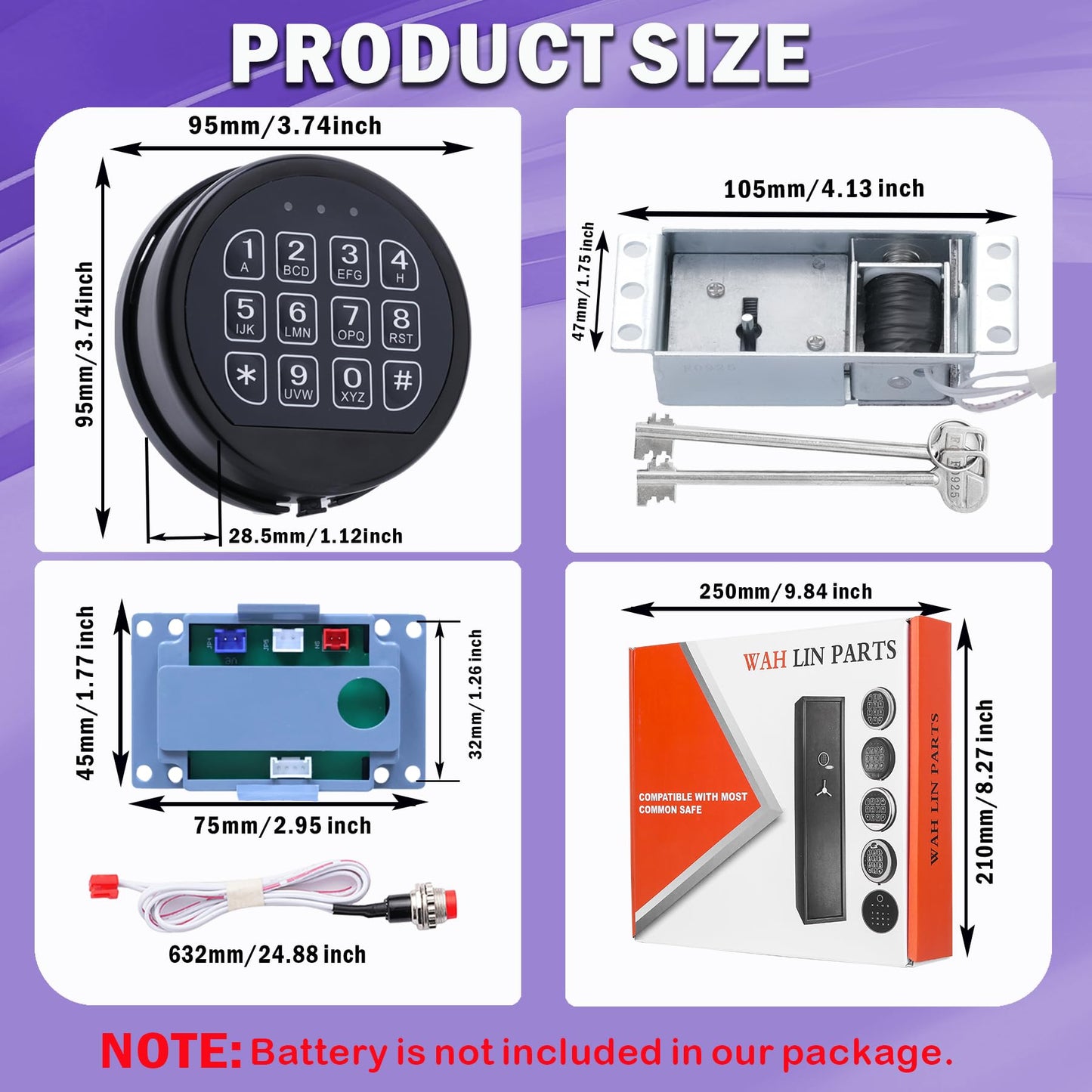 Gun Safe Lock Replacement with 2 Override Keys & Solenoid Black Keypad Safe Electronic Safe Lock for Fireproof Safe Box