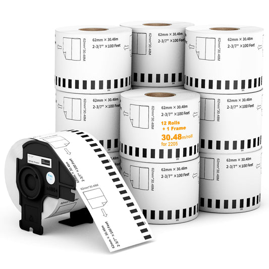 (12 Rolls + 1 Frame,30.48m Per Roll 3-Proof) Labelebal Dk 2-3/7" x 100' Direct Thermal Continuous Length Labels Replacement for DK-2205 Shipping Mailing Postage Compatible for Brother QL Printer