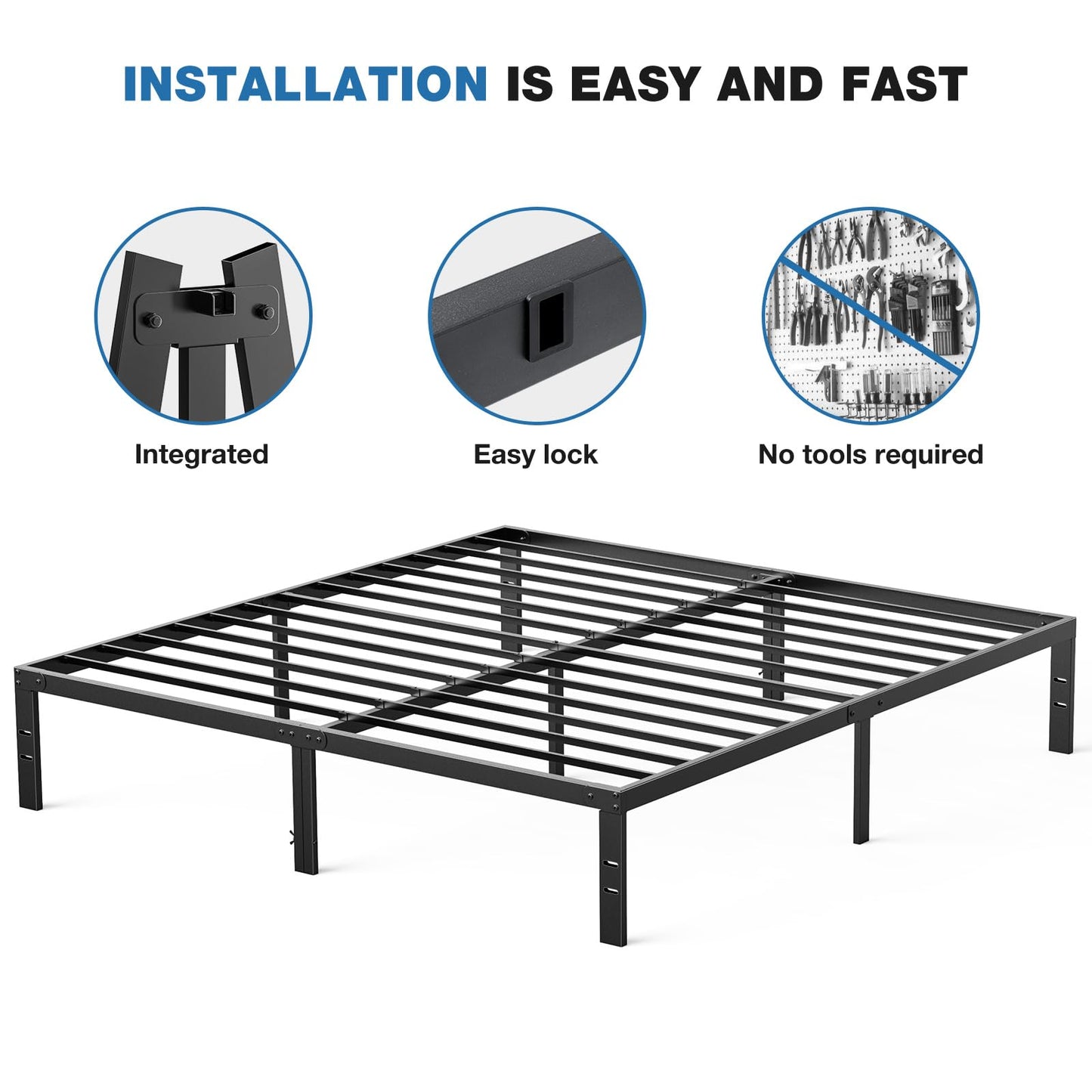 OLIXIS Metal Queen Bed Frame - 14in High with Storage Space, No Box Spring Needed with Sturdy Steel Slat Support, 2200LBS Heavy Duty for Easy Assembly, Black for Bedroom