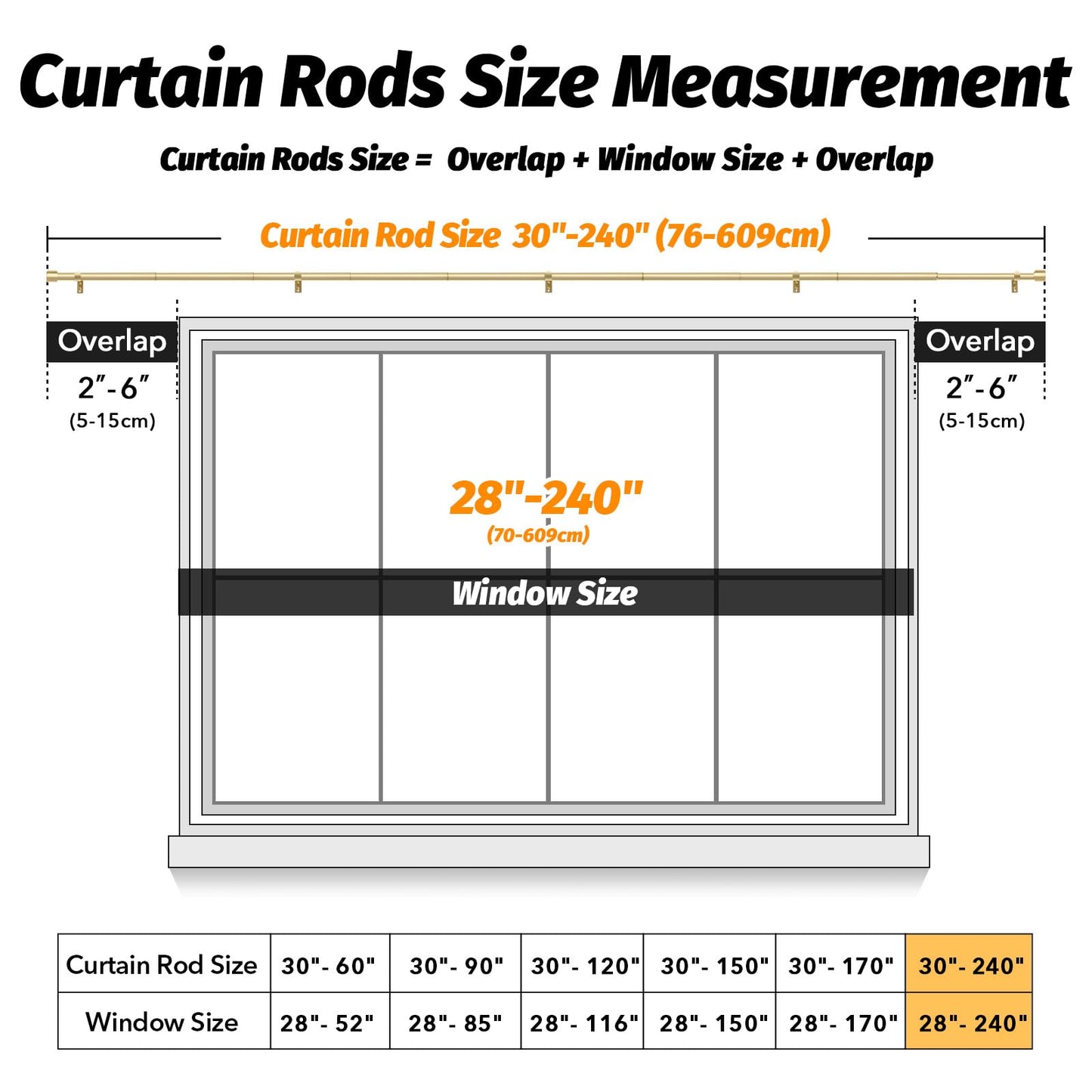 GEEBOBO Gold Curtain Rods for Windows 120 to 240 Inch, 1 Inch Extra Long Heavy Duty Easy Install Adjustable Curtain Rods Set for Outdoor, Farmhouse, Bedroom, Living Room (Gold, 30"-240")