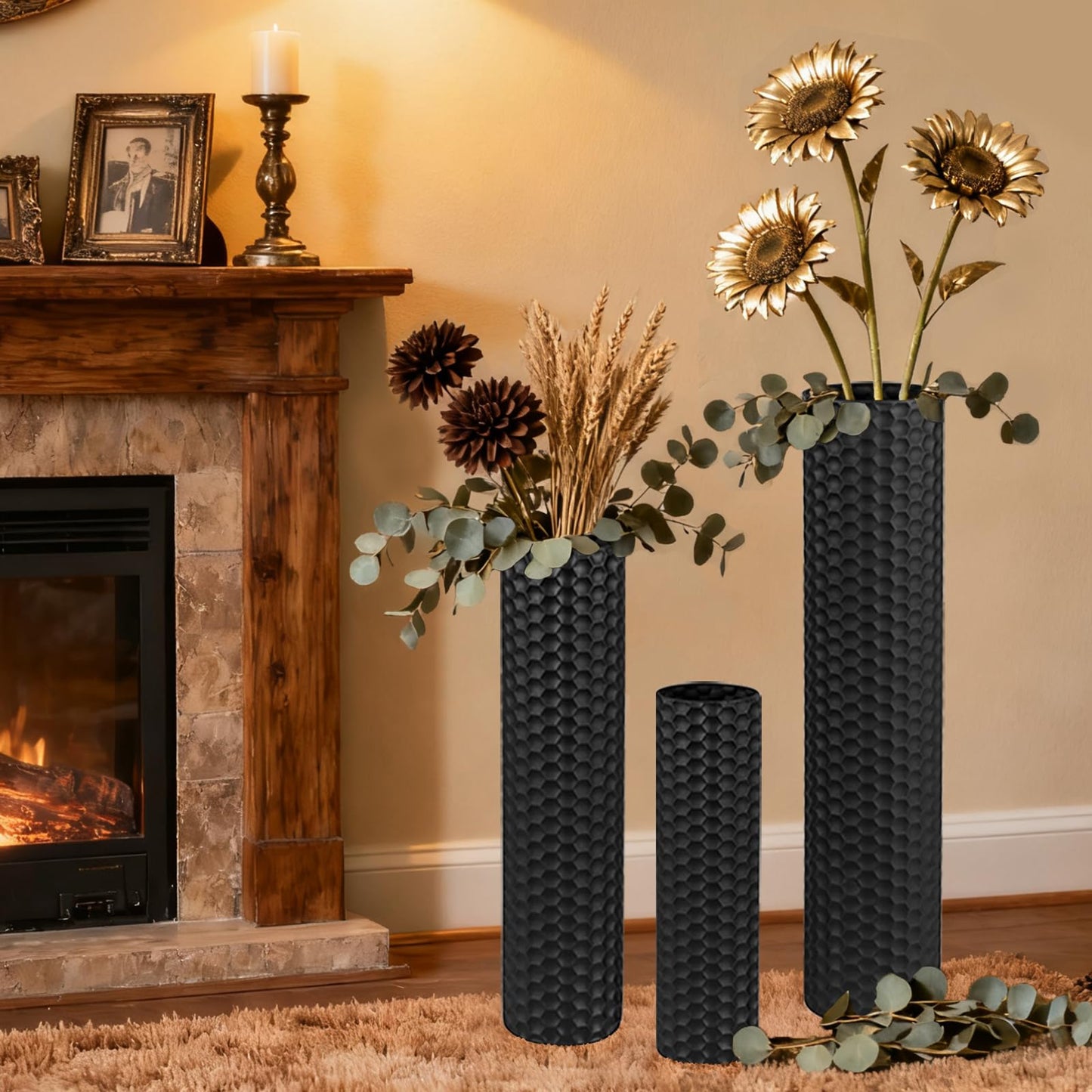 NOLIPED Black Tall Floor Vase - Set of 3 Extra Large Metal Decorative Vases for Living Room, 27.6" Long Modern Honeycomb Texture Big Cylinder Standing Corner Decor for Home Dining Bedroom Pampas Grass