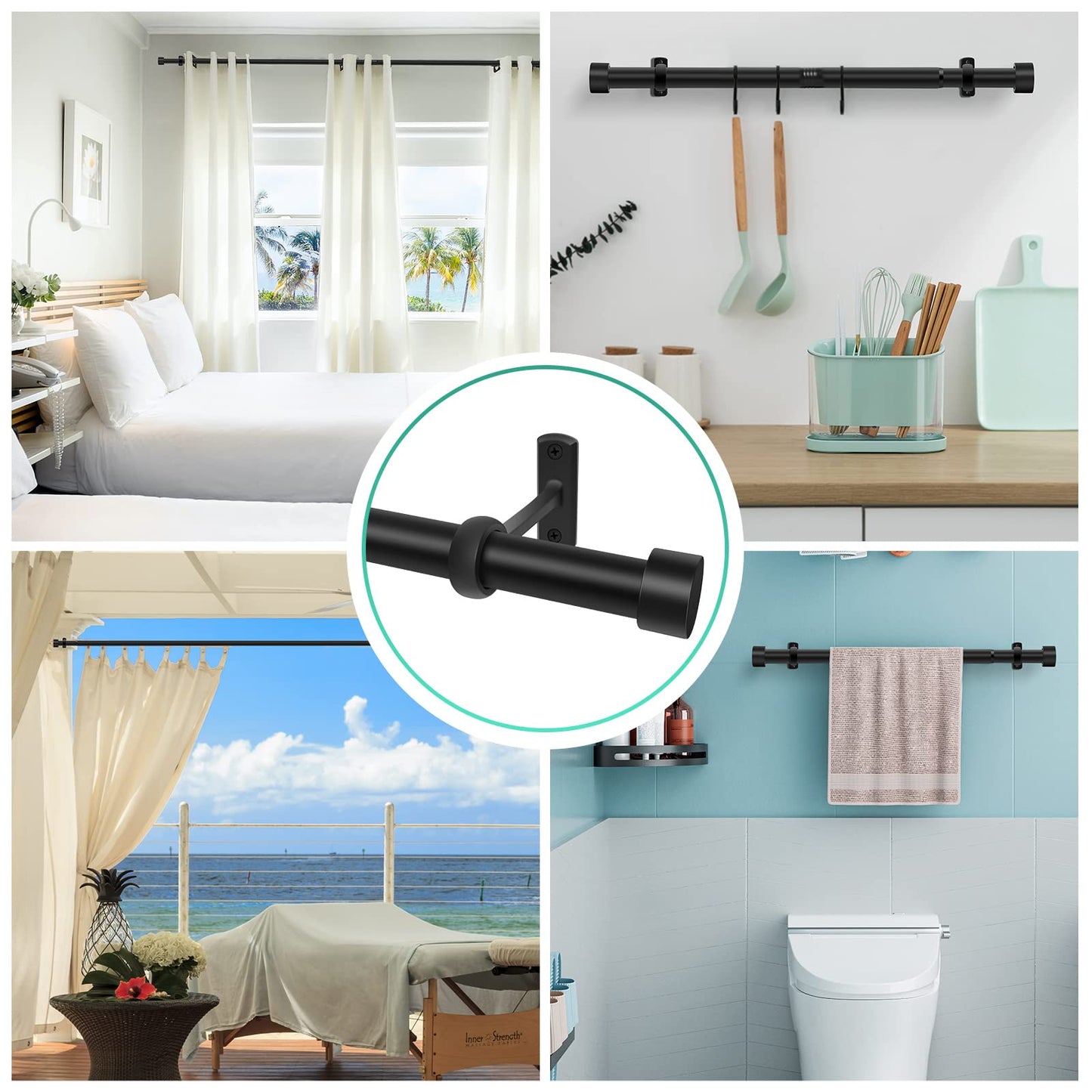 Extra Long Curtain Rods for Windows 120" to 240", 1 Inch Matte Black Drapery Rod For Bedroom Living Room Divider Adjustable Heavy Duty Outdoor Curtain Rod for Patio Cap Finials