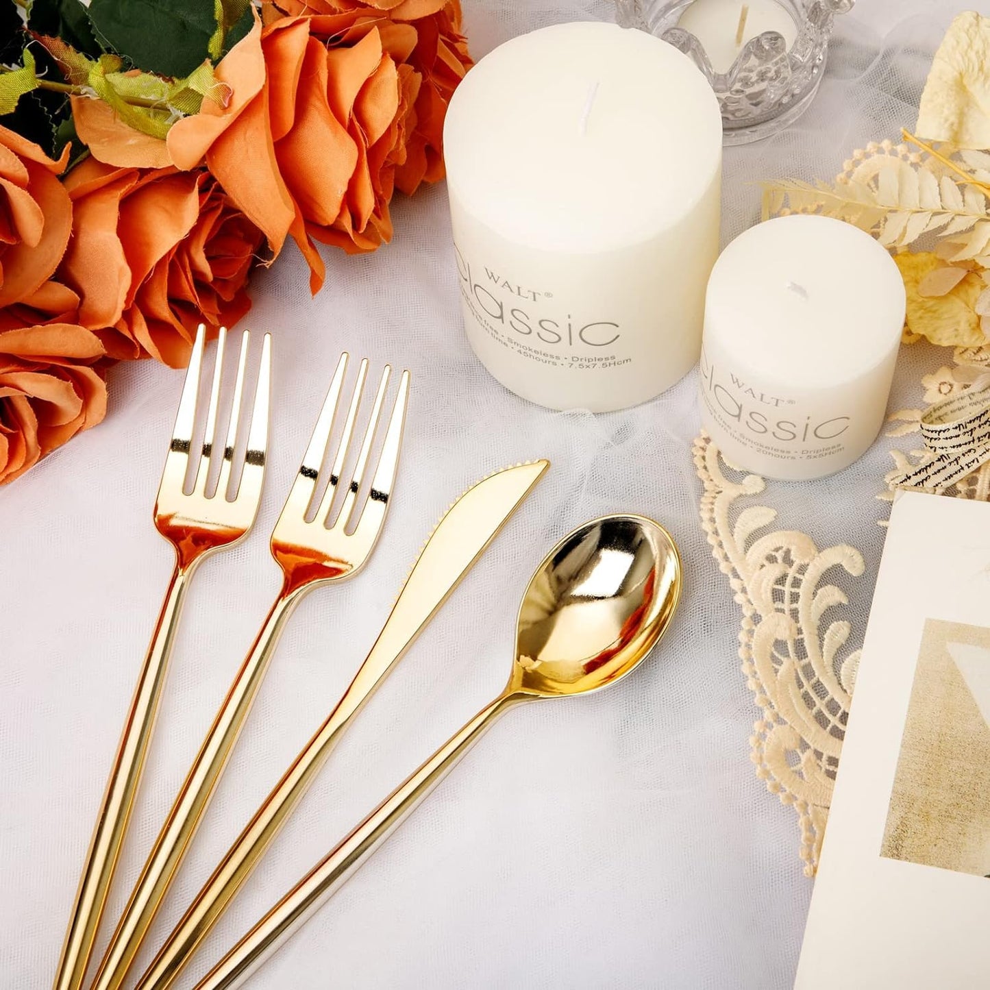Rubtlamp 180Pcs Gold Plastic Silverware,Luxury Gold Plastic Cutlery,Heavy duty Golden Disposable Flatware, Utensils Set Disposable Include 60Gold Forks,60Gold Spoons,60Plastic Knives for Party,Wedding