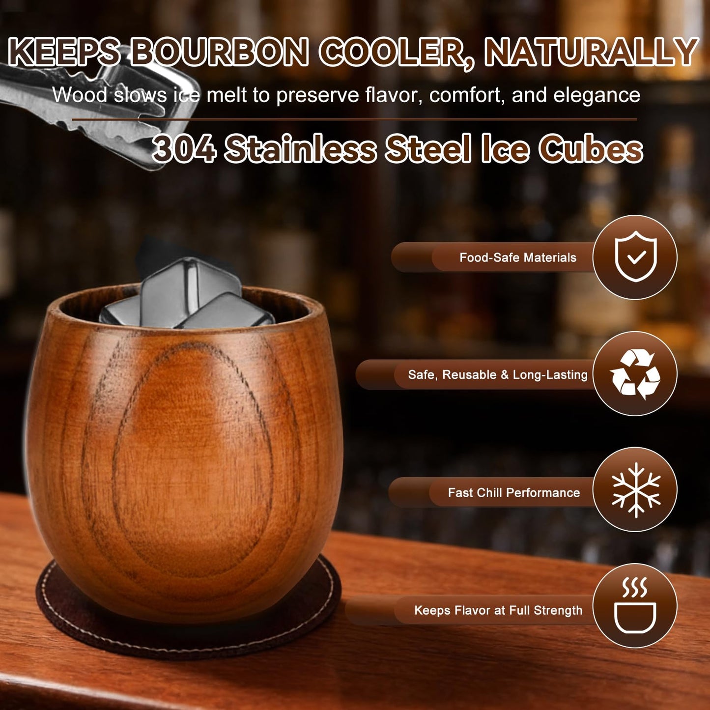 Solunvia Charred Wooden Bourbon Drinking Glass Wooden Whiskey Glasses Set of 2 17-Piece Complete Whiskey Gift Set Old Fashioned Glass Bourbon Gifts for Men Dad, Husband, Brother (Silver Accents)