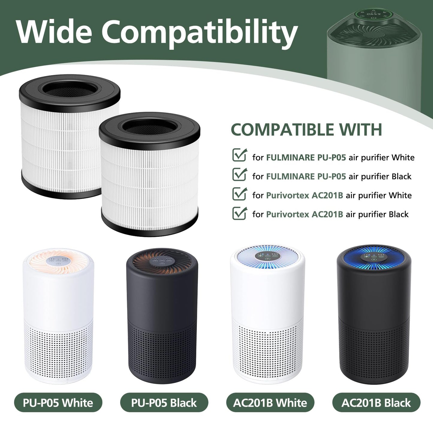 4 Pack PU-P05/AC201B HEPA Replacement Filter Compatible with FULMINARE PU-P05 Air Purifiers and Purivortex AC201B Air Purifiers, HEPA Air Filter for Home Pets Dander Dust Smoke Pollen