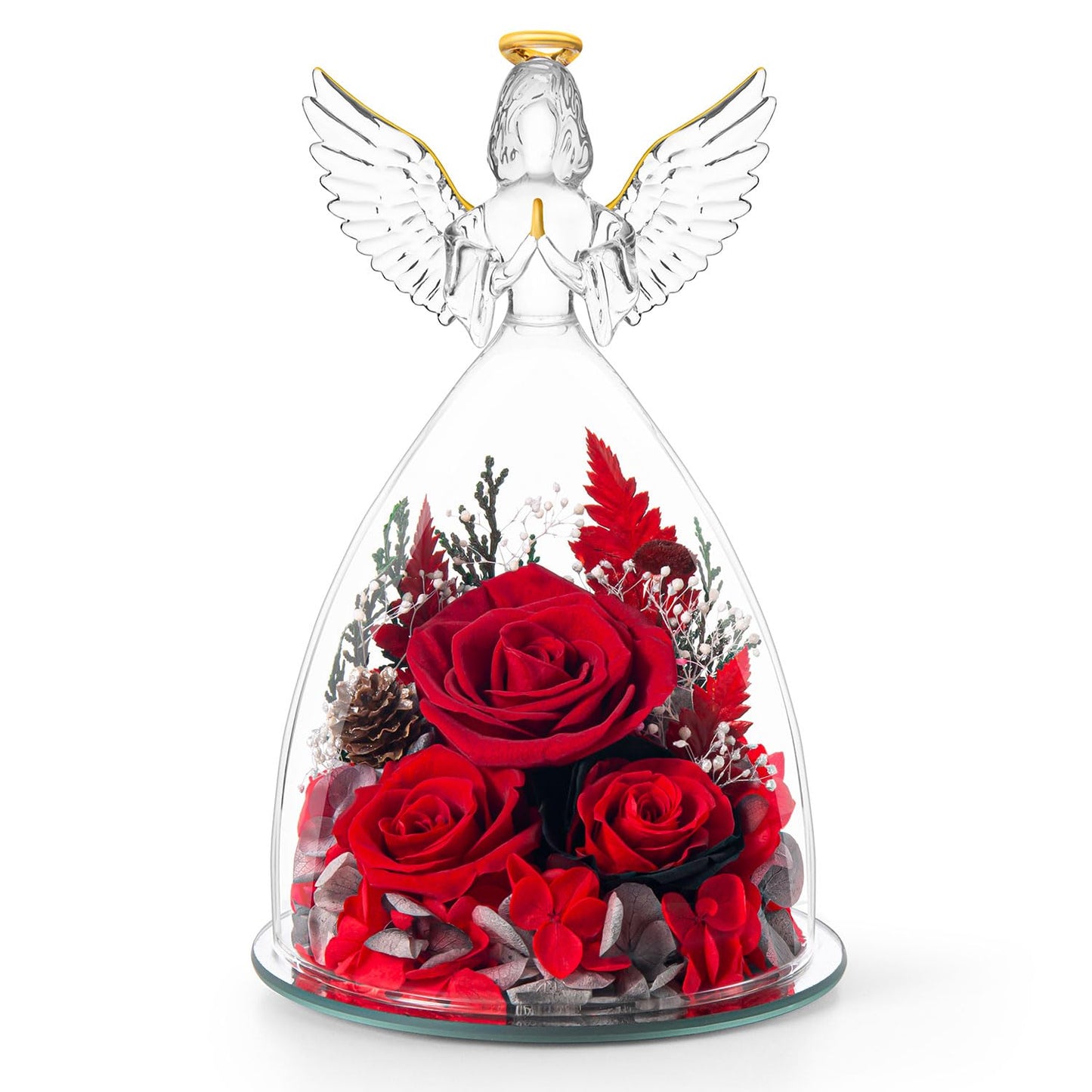 AIMEYE Mothers Day Roses Gifts for Mom,Forever Preserved Real Flowers Roses in Glass Angel Figurines,Mothers Day Flowers Gifts for Women Mom Wife Grandma from Daughter/Red