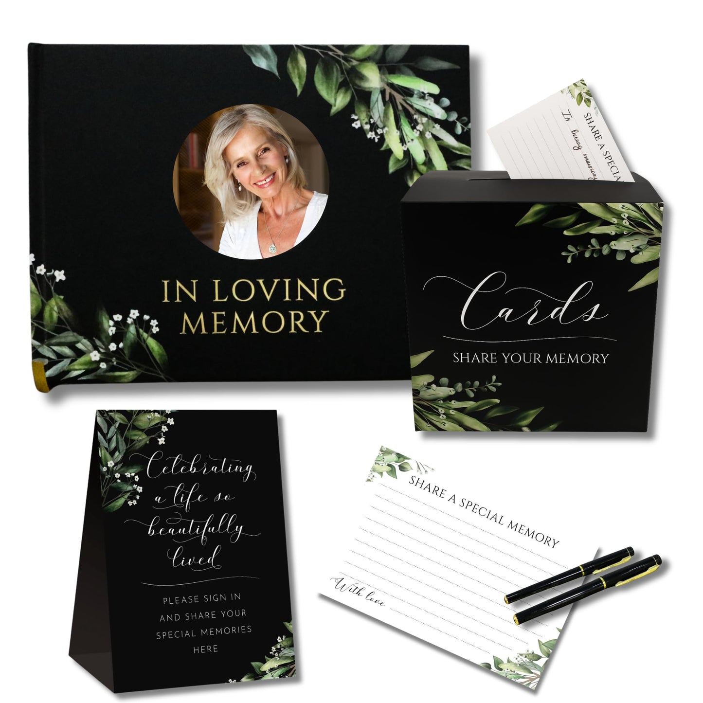 All-in-One Funeral Guest Book Set – Memorial Guestbook, Funeral Register Book, Celebration of Life Guest Book, Condolence Book, Memory Cards & Keepsake Collection Box - Memorial Keepsake