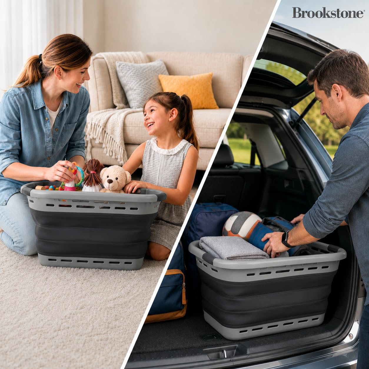 BROOKSTONE 11 GALLON XL 24" Collapsible Laundry Basket & Clothes Hamper, Comfort Non-Slip Handles, Modern Laundry Hamper with Space Saving Design, Portable Pop-Up Hamper, BPA FREE, Grey, 1 Pack