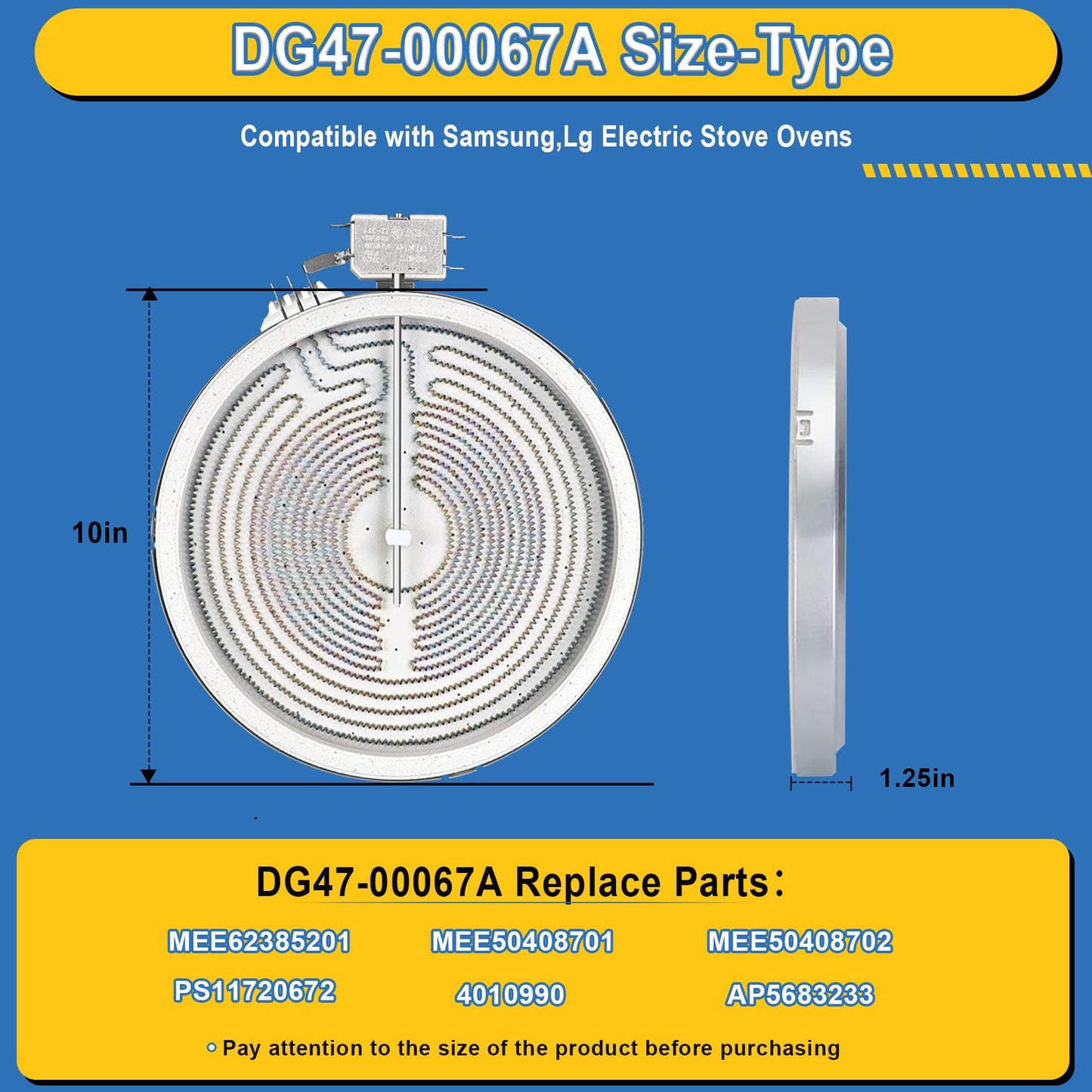 Upgrade Mee62385201 DG47-00067A 10in Dual Radiant Surface Element Fit For LG Electric Range, Compatible with Samsung Stove, 9"/6" Dual Replace MEE62385201 AP5683233, PS7795472-1, PS11720672
